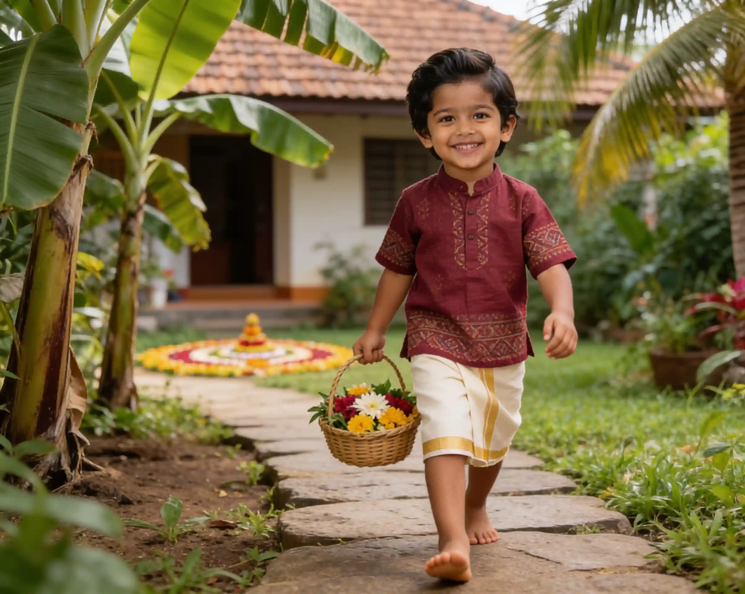 Young boy wearing traditional Kasavu mundu and kurta while carrying Pookalam flowers.
