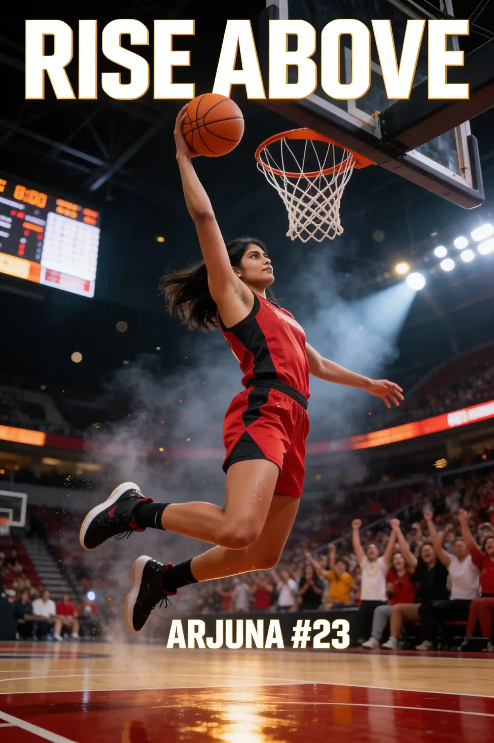 Basketball player performing a one-handed dunk in an arena.