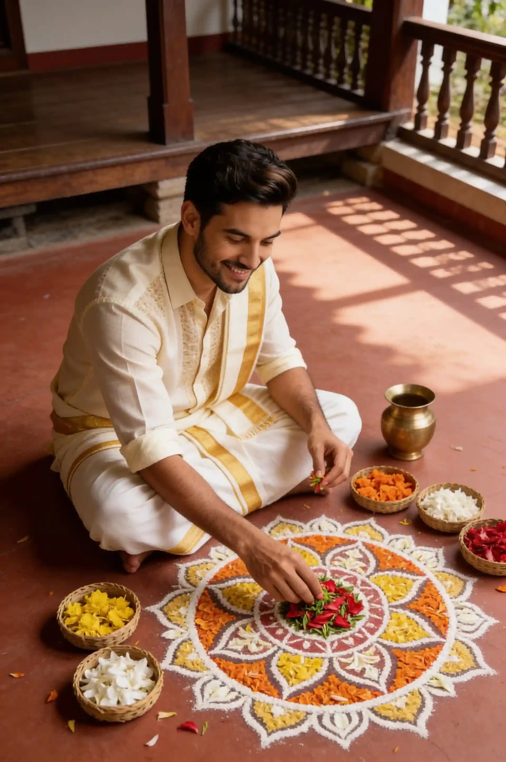 Person making a colorful Athapookalam with fresh flower petals in a Kerala courtyard.