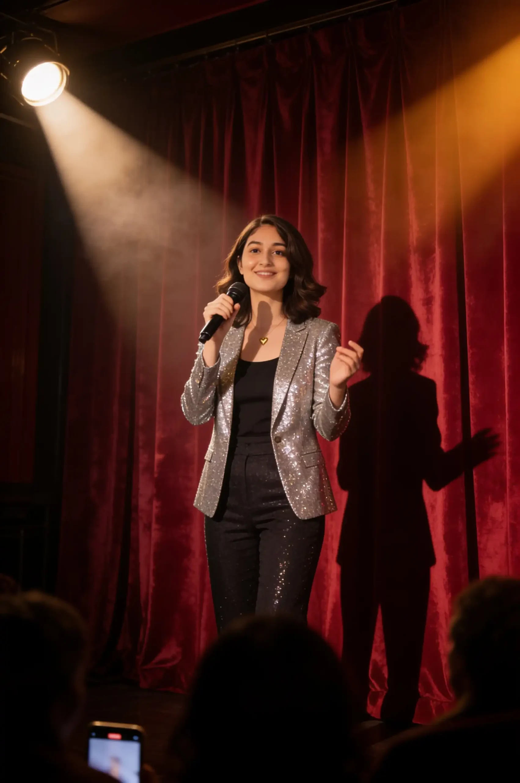 Singer performing with a microphone against red velvet curtains on stage.