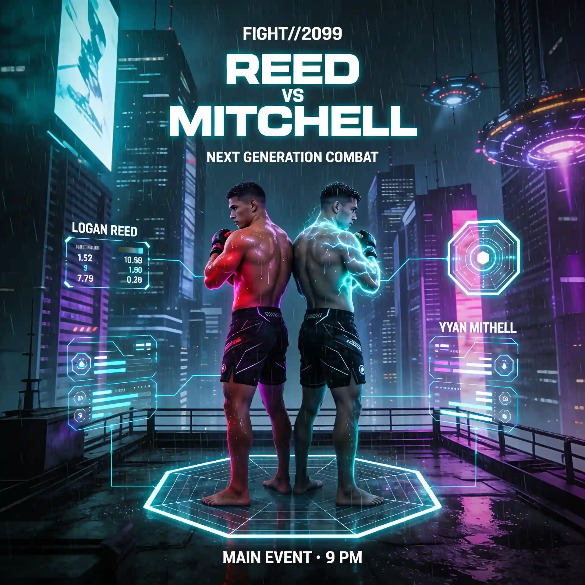 Two futuristic MMA fighters stand beneath neon lights in a cyberpunk city.