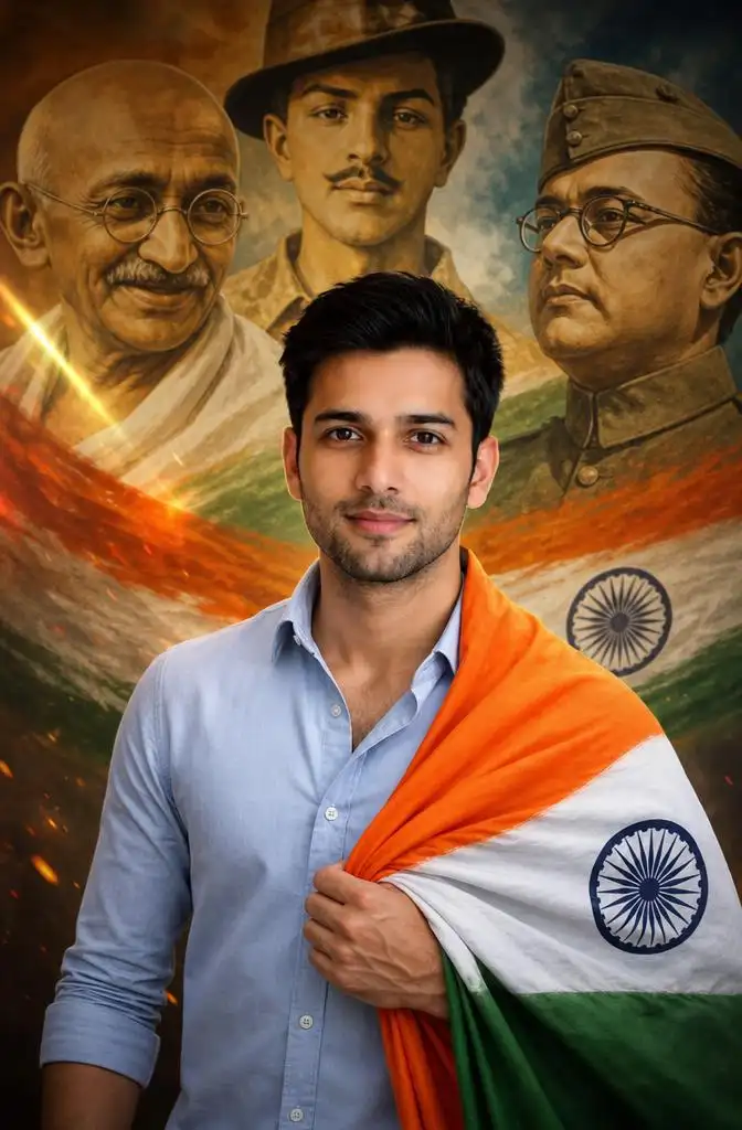 Patriotic portrait of a person with Mahatma Gandhi, Bhagat Singh, and Subhas Chandra Bose artwork in the background.
