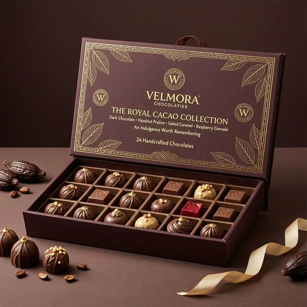 Luxury chocolate gift box packaging with burgundy finish and handcrafted chocolates