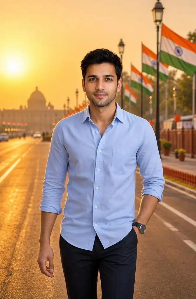 Person walking confidently along a road lined with Indian flags and patriotic decorations during sunrise.