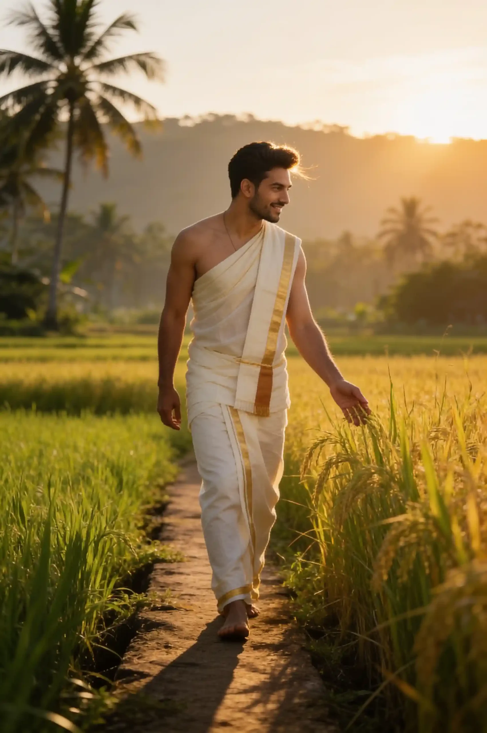 Person in traditional Onam attire walking through Kerala paddy fields at golden hour.