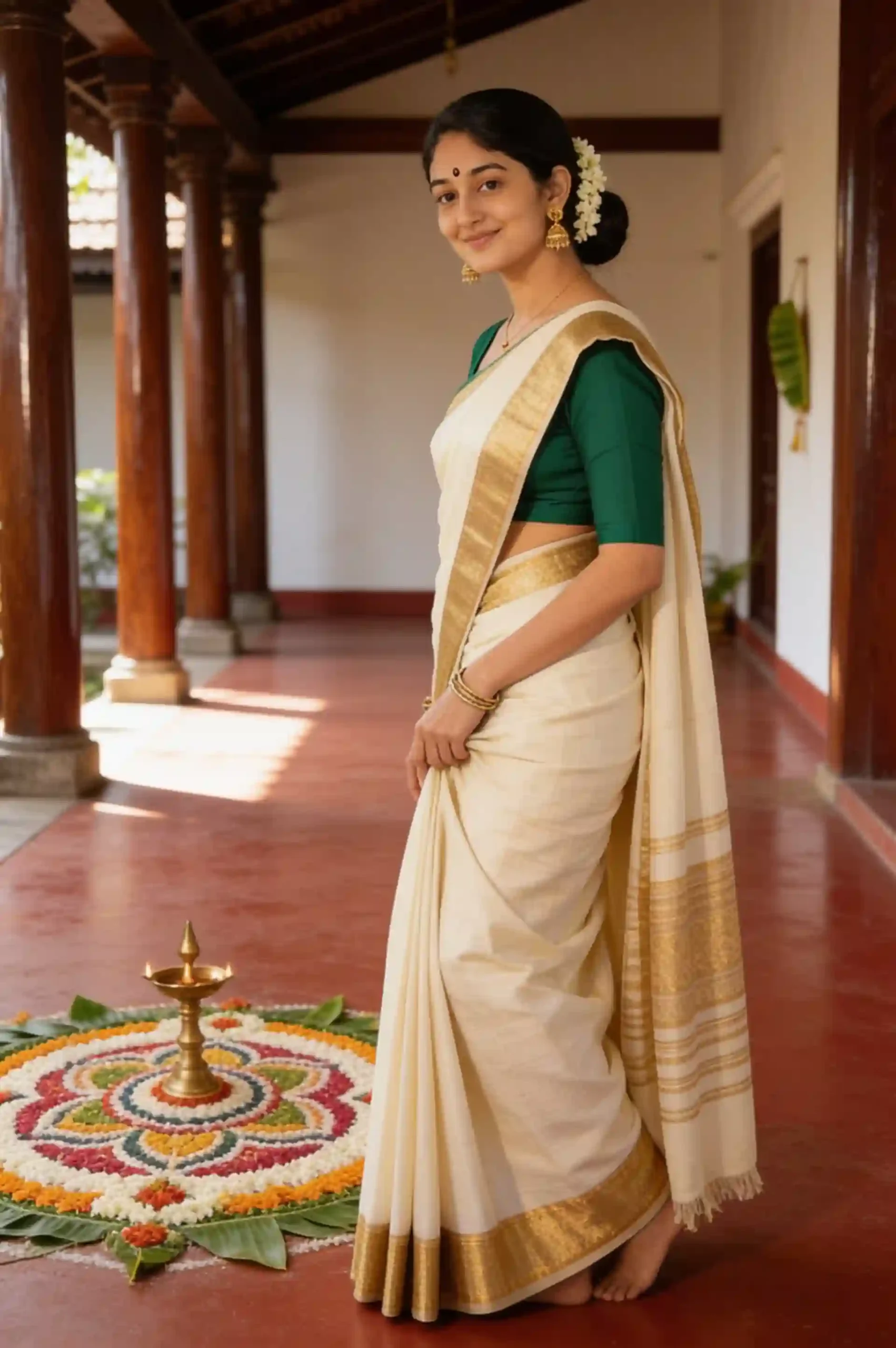 Woman in traditional Kerala Kasavu saree posing beside a colorful Pookalam for Onam.
