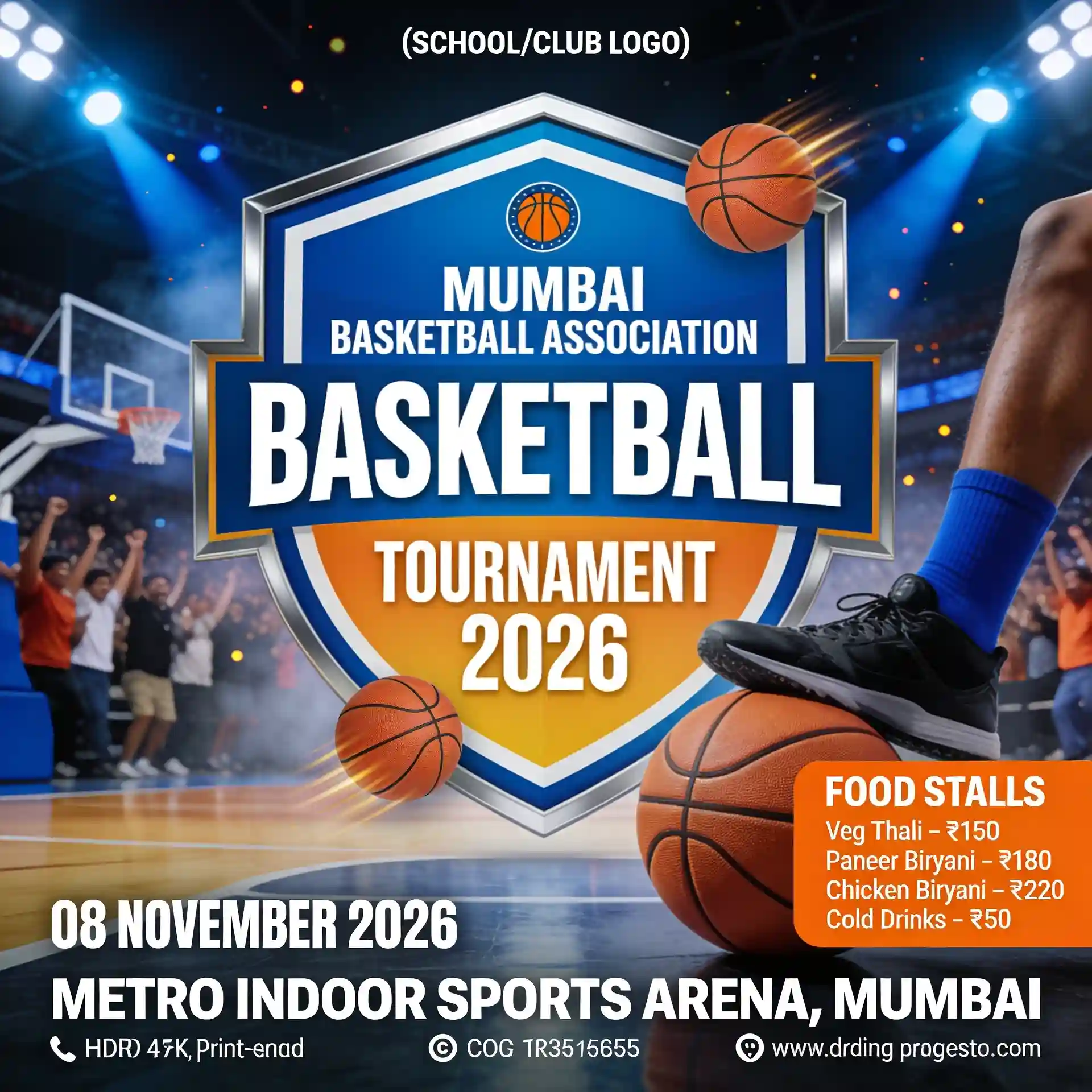 Basketball tournament poster featuring a large championship badge, basketballs, and a packed indoor arena.