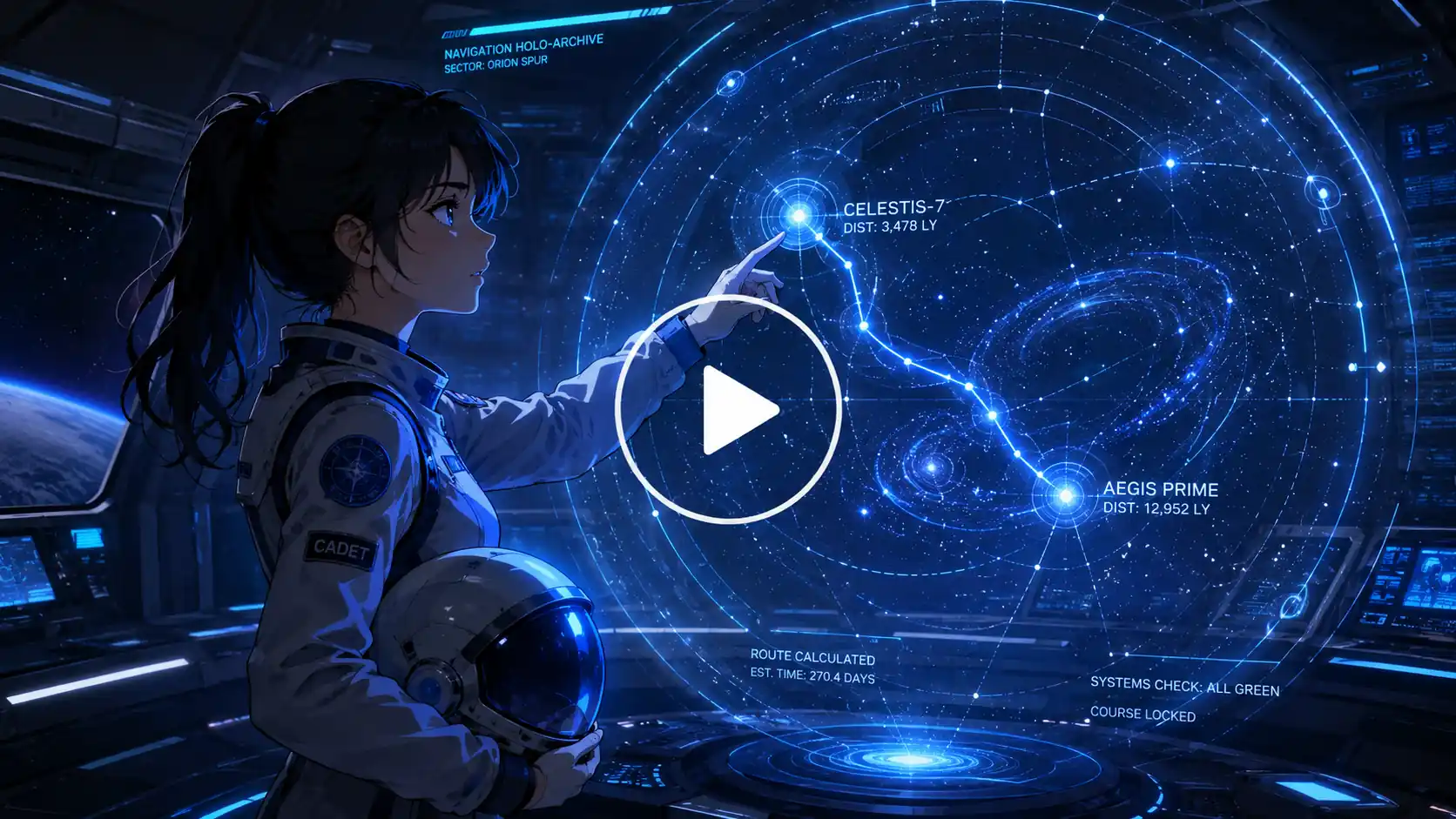 Young astronaut exploring a holographic star map inside a futuristic spaceship bridge.
