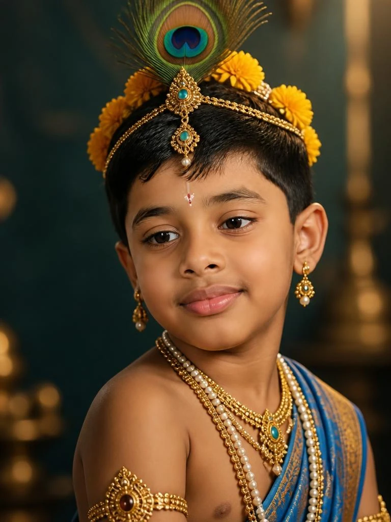 Dramatic close-up of Little Krishna adorned with an ornate peacock-feather headpiece and layered jewelry against a dark teal bokeh background.