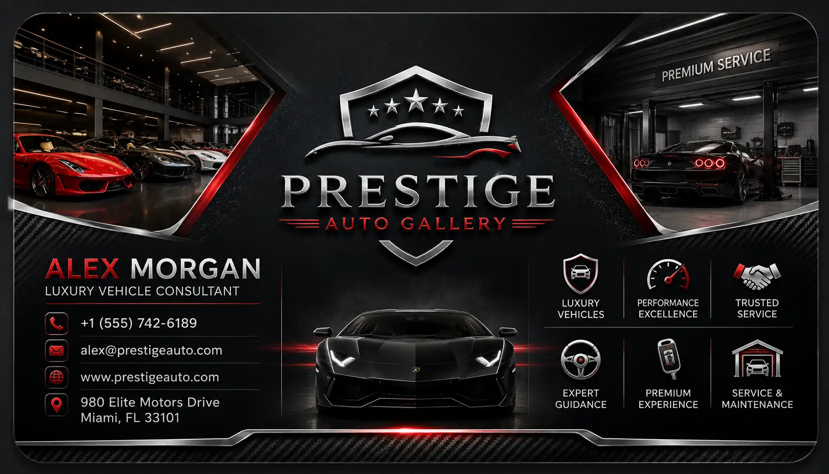 Sleek luxury automotive business card featuring a sports car, showroom elements, chrome accents, and cinematic styling.