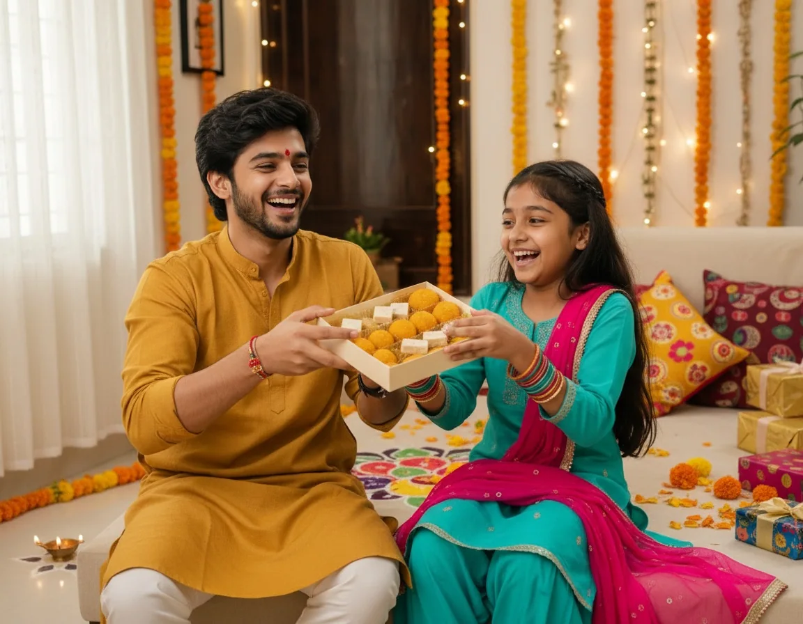 Playful brother and sister laughing over a mithai box after Rakhi in a cheerful Indian home decorated with flowers and diyas.