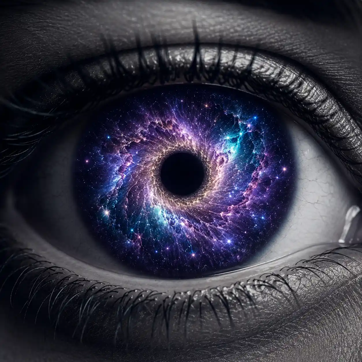 Surreal close-up of an eye with a galaxy-inspired iris filled with nebulae and tiny stars