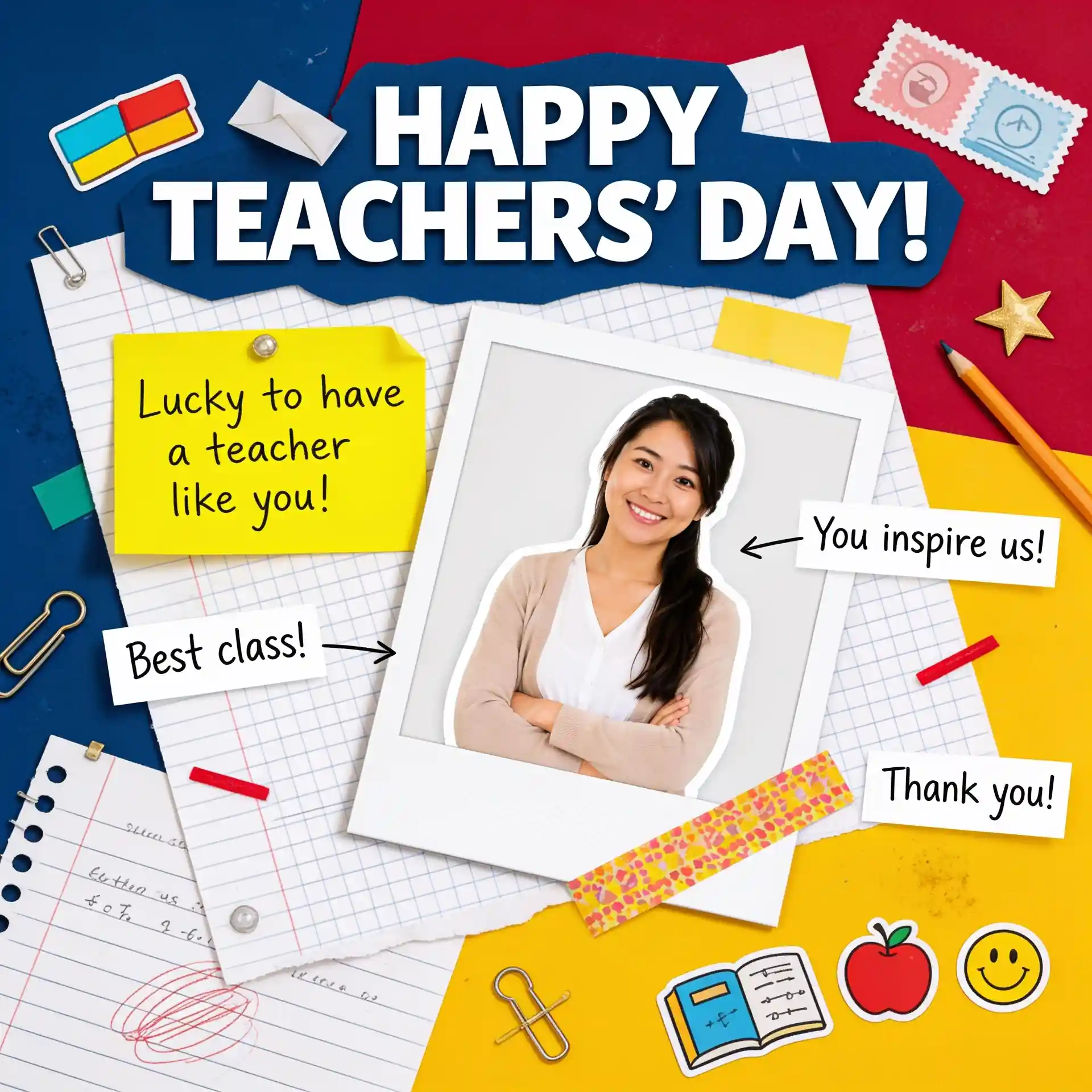 Colorful Teachers’ Day scrapbook card with a teacher photo, Polaroid frame, school stickers, notes, and bold typography