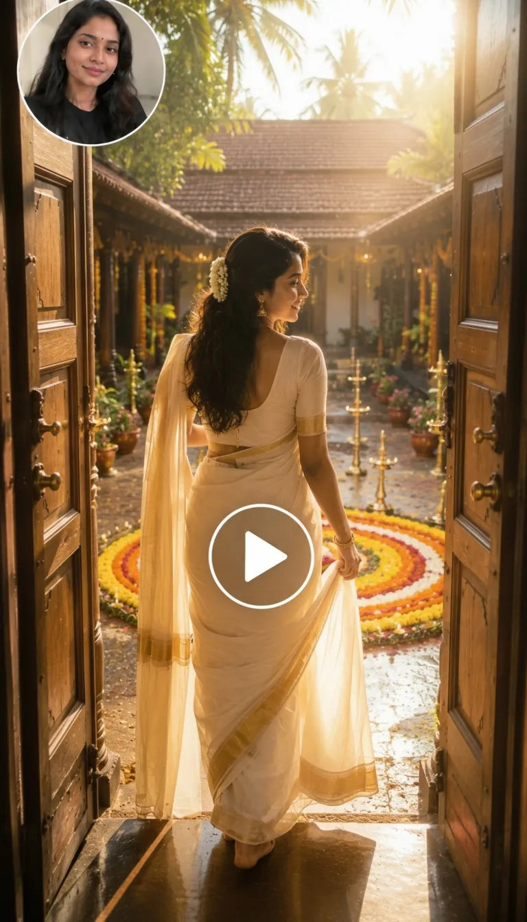 Frame screenshot of an Onam-themed video showing a person walking through wooden doors into a sunlit Kerala courtyard decorated for Onam.