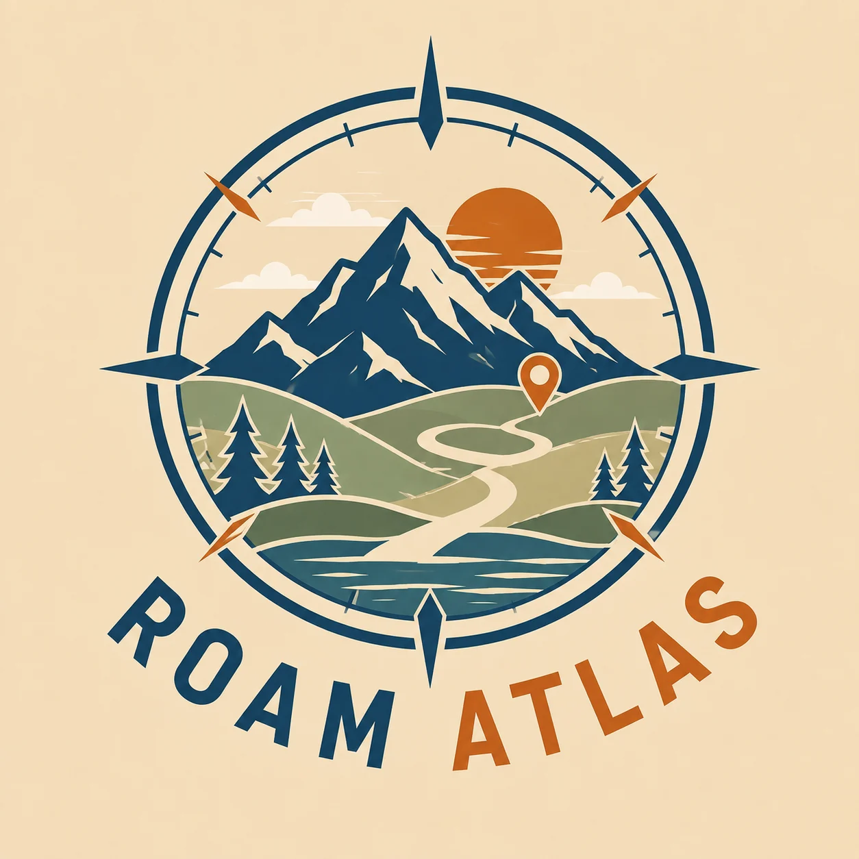 Travel YouTube logo for Roam Atlas with a compass mountain sunset and route symbol in blue orange green and sandy beige colors.