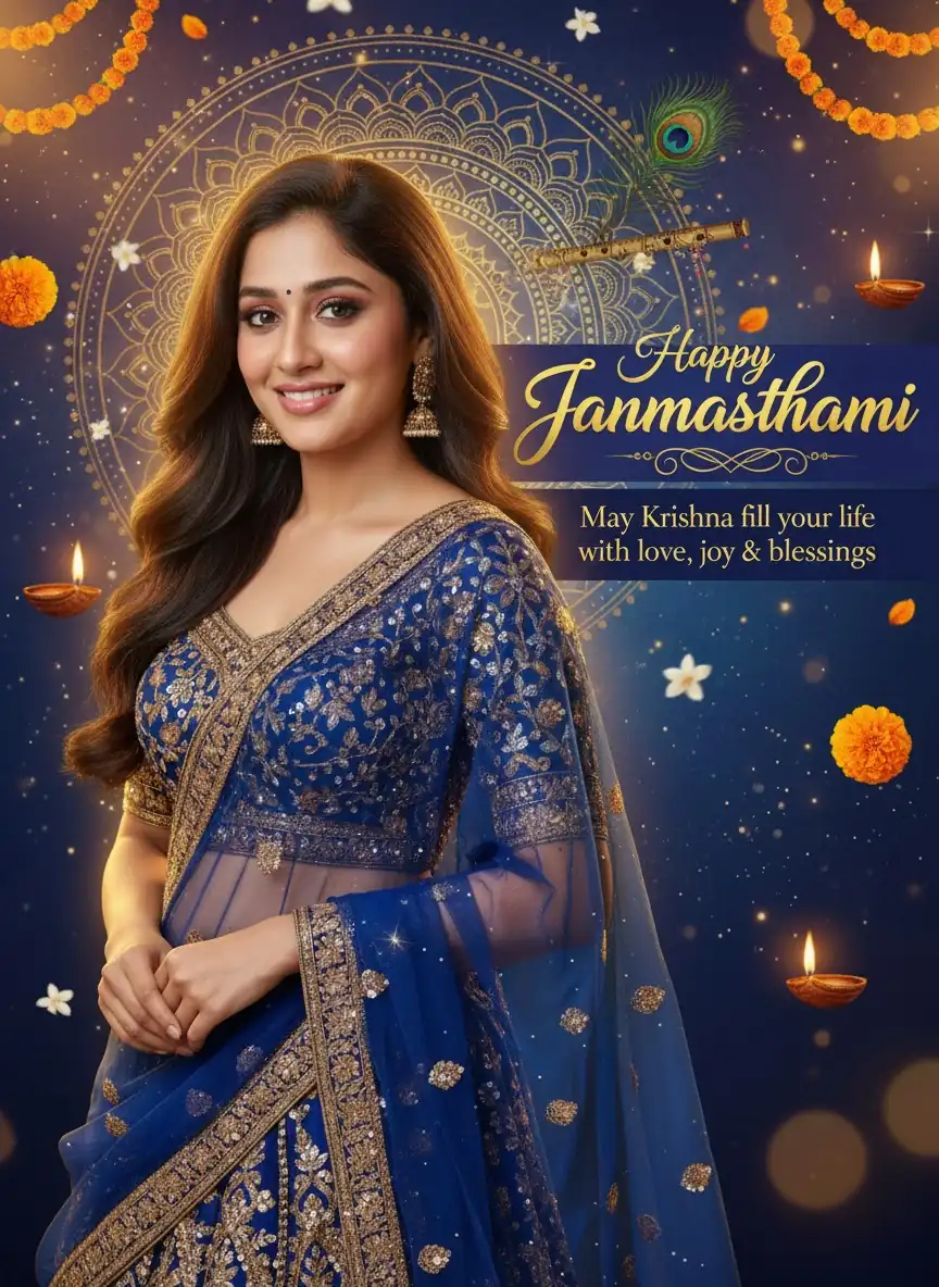 Personalized Happy Janmashtami greeting featuring a woman in an elegant festive look.