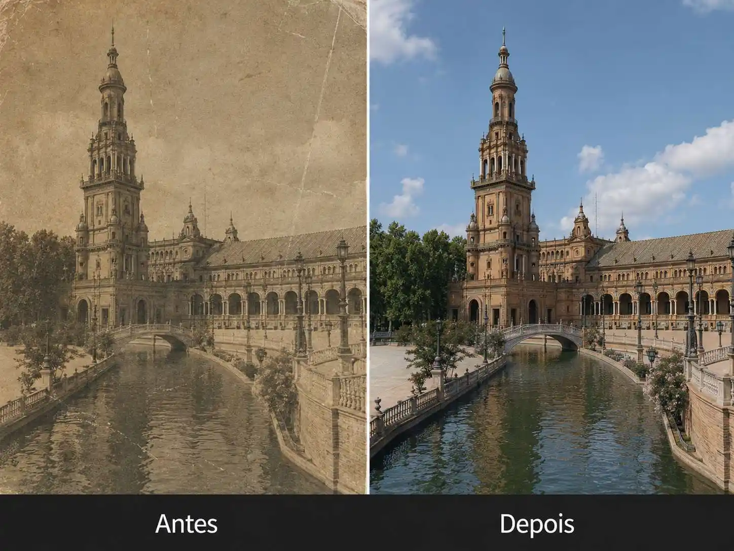 Comparação de antes e depois mostrando uma paisagem desbotada restaurada com detalhes mais nítidos, cores equilibradas e contraste aprimorado.