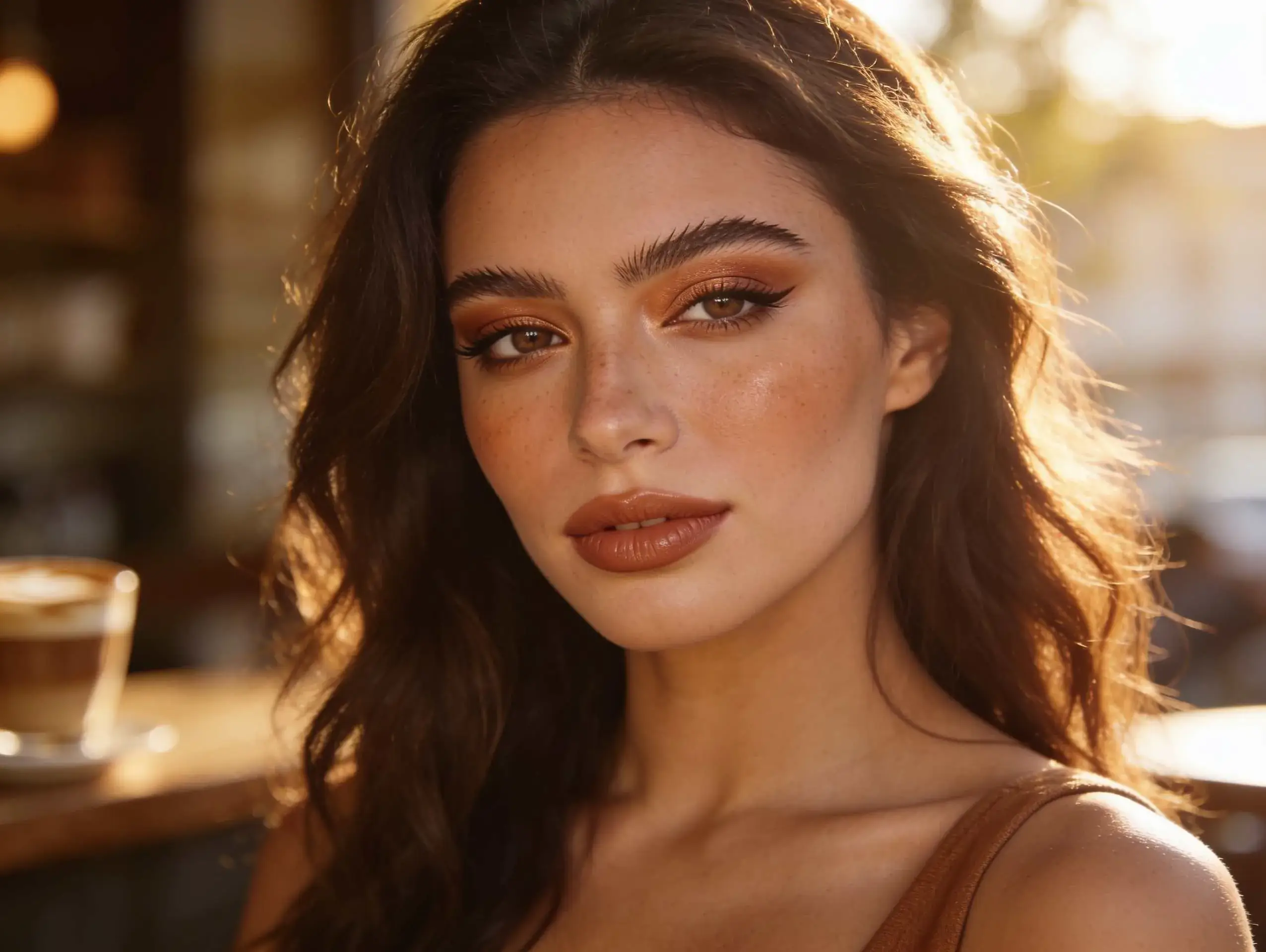 Latte-inspired makeup with warm caramel tones.