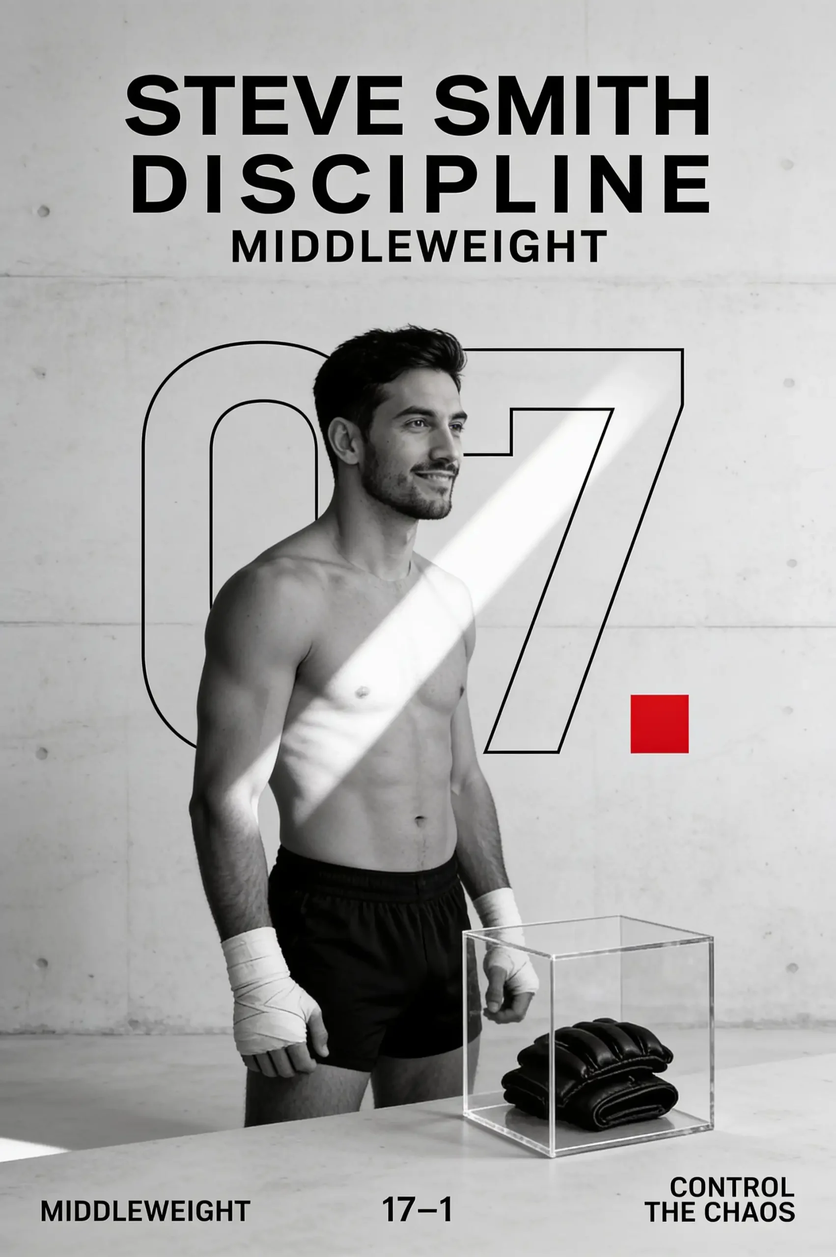 USA fighter poses in a clean minimalist editorial setting with modern geometric graphics.