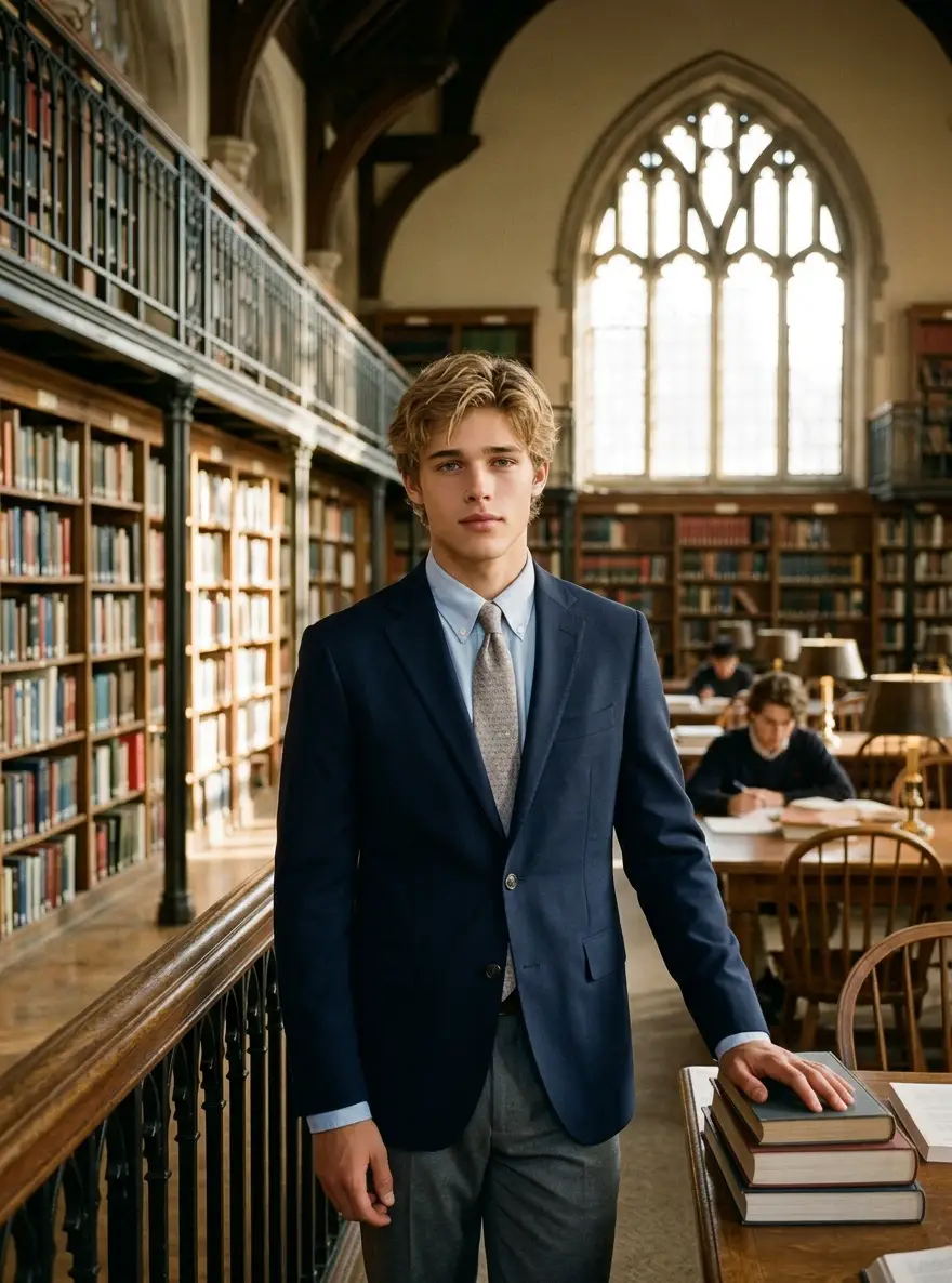 Profesor universitario masculino en una prestigiosa biblioteca académica con un ambiente intelectual.