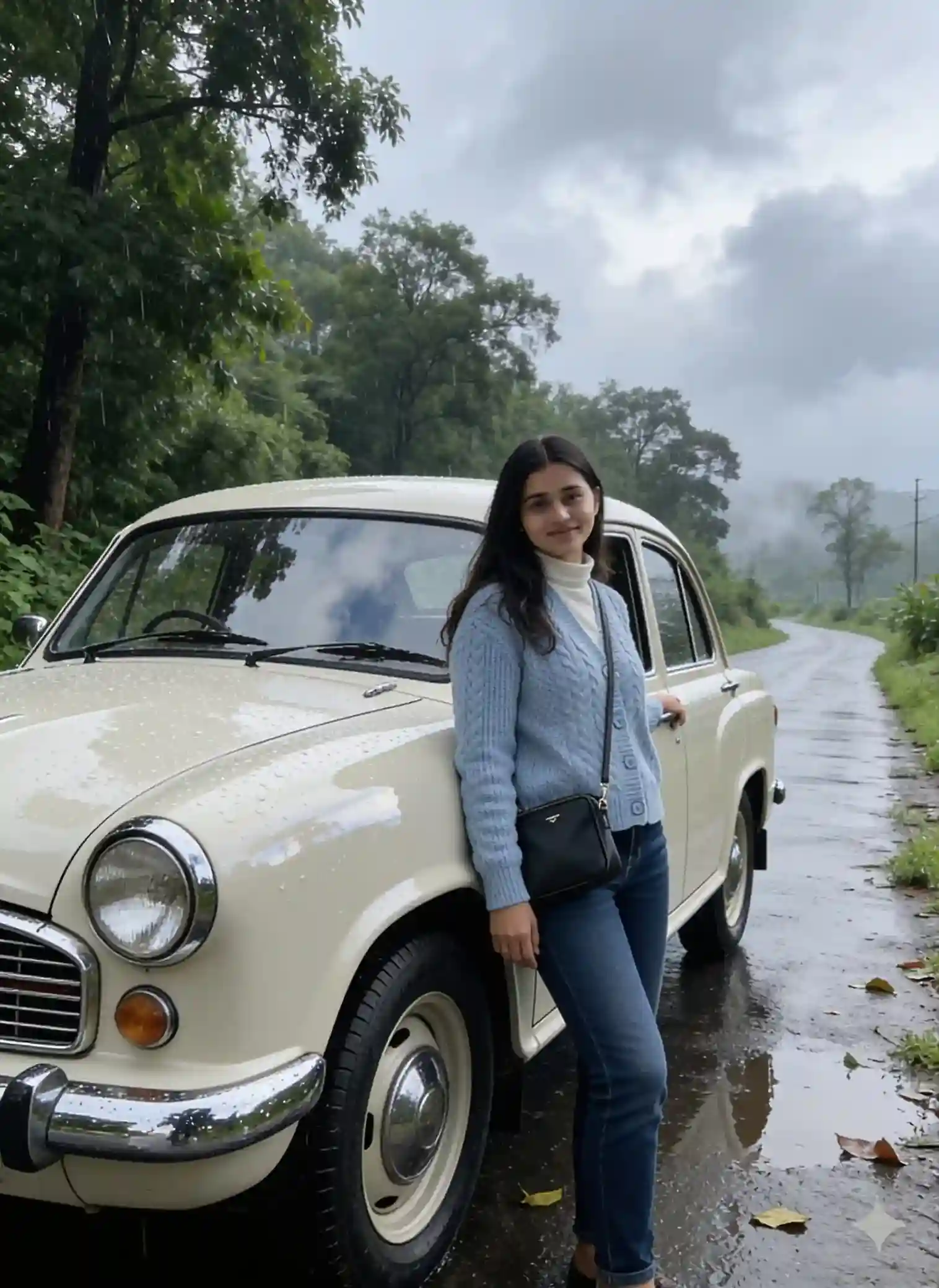 Person posing beside a vintage Hindustan Ambassador on a rain-soaked Indian road during monsoon season.