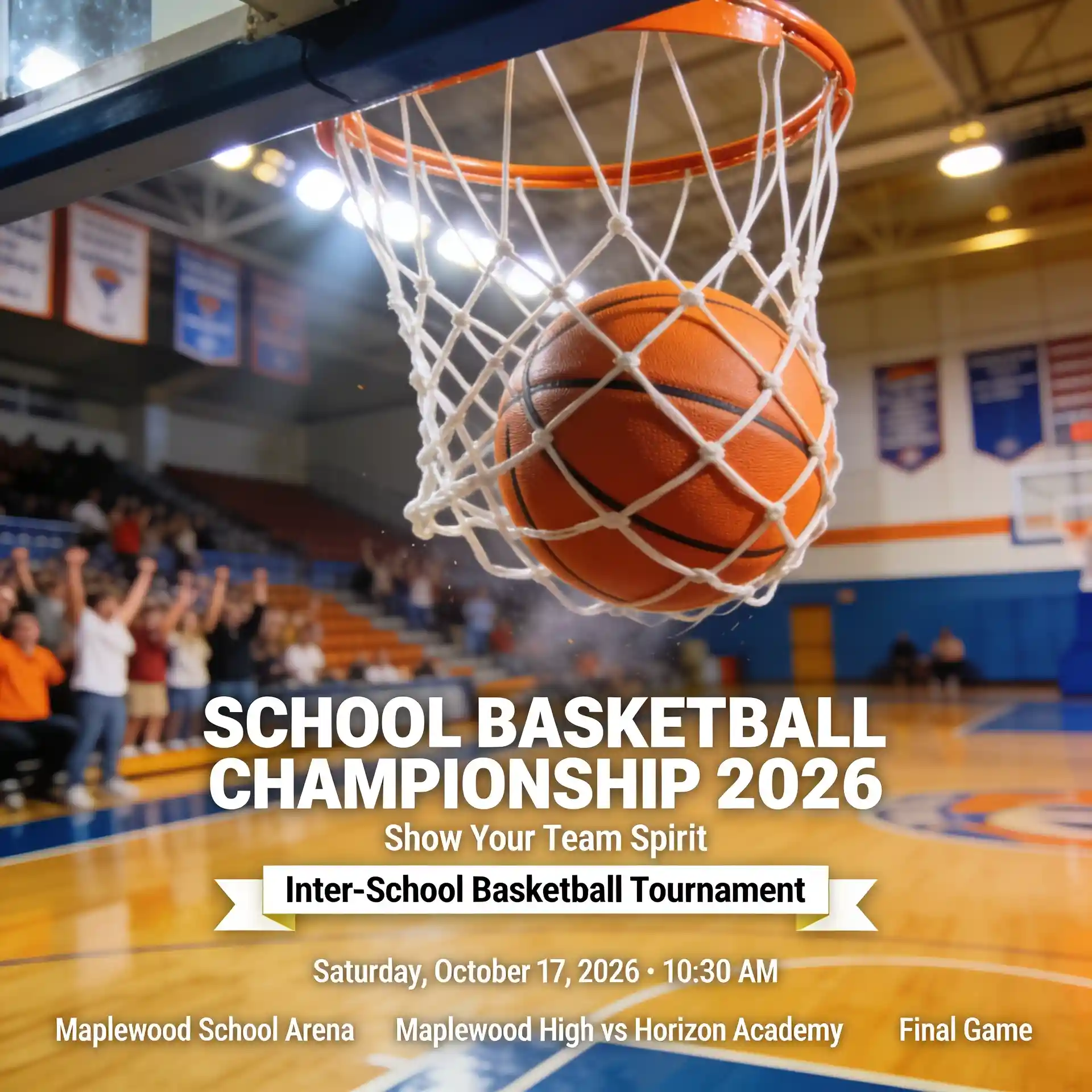 Basketball championship poster with a ball going through the hoop in a school arena filled with cheering students.