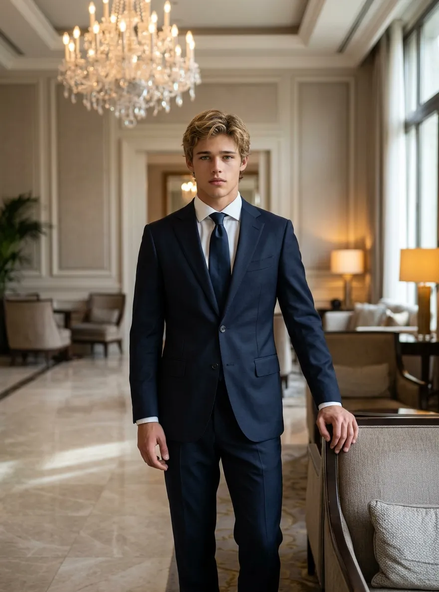 Ejecutivo masculino del sector hotelero en el lobby de un hotel cinco estrellas con interiores lujosos y elegantes.