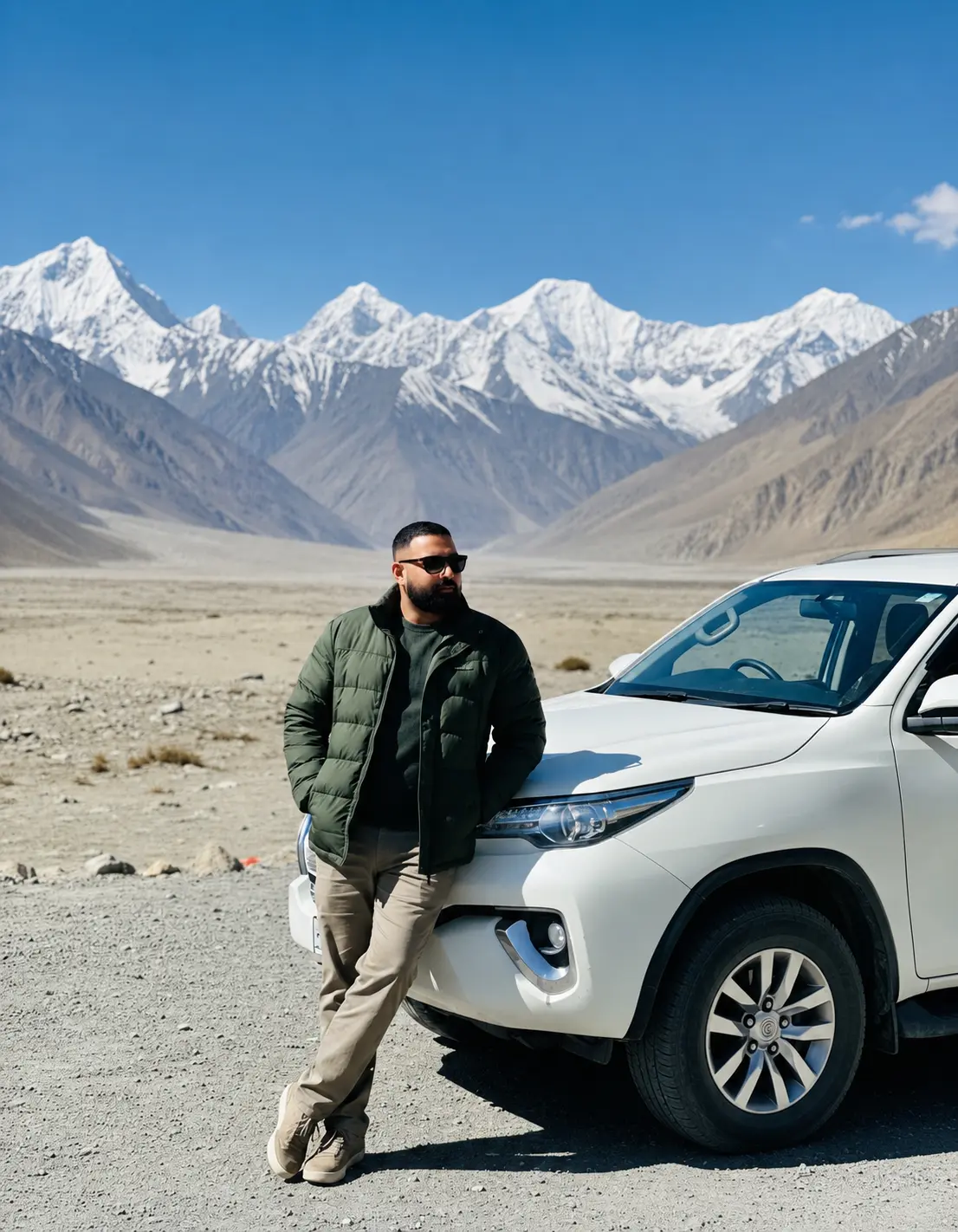 Person leaning against a Fortuner SUV on a Himalayan mountain road with dramatic snow-covered peaks in the background