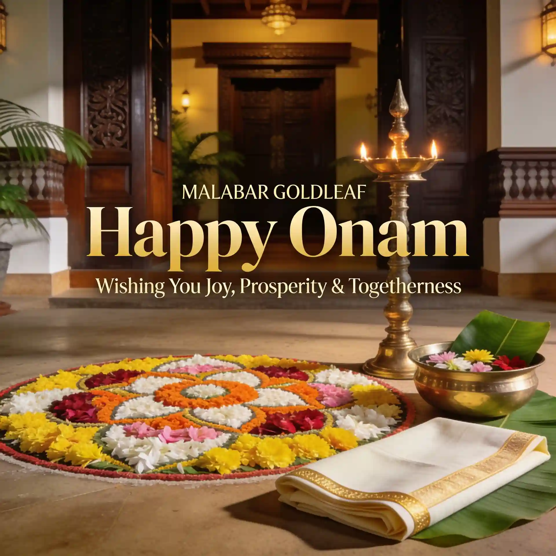 Luxury Happy Onam brand greeting with floral Pookalam, brass Nilavilakku, and Kerala heritage décor.