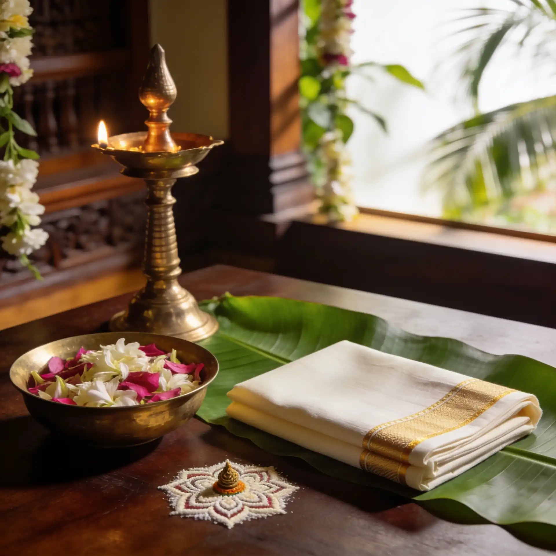 Premium Onam brand background with Pookalam, Nilavilakku, Kasavu fabric, and Kerala decorations.