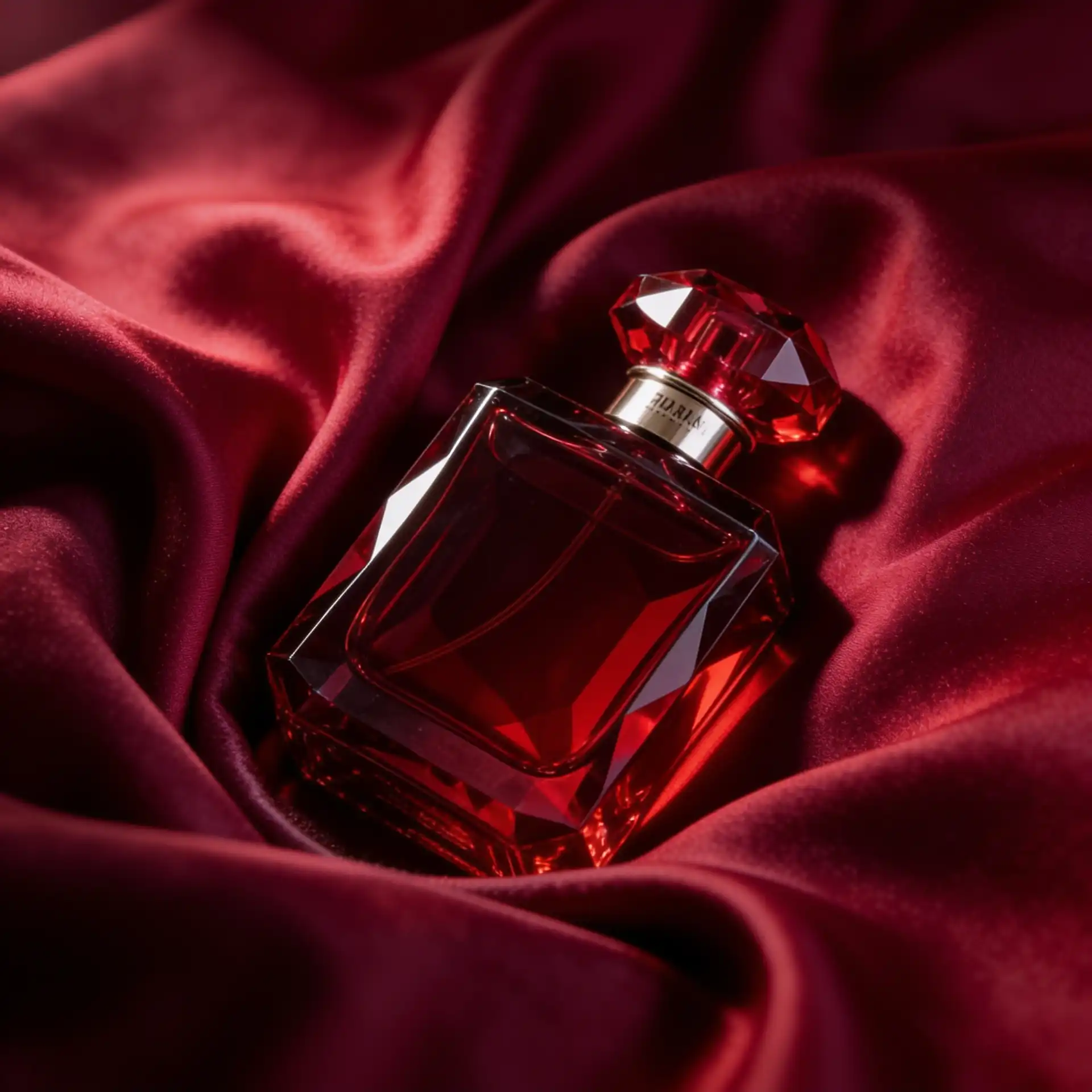 Perfume bottle resting on luxurious deep crimson-red satin fabric.