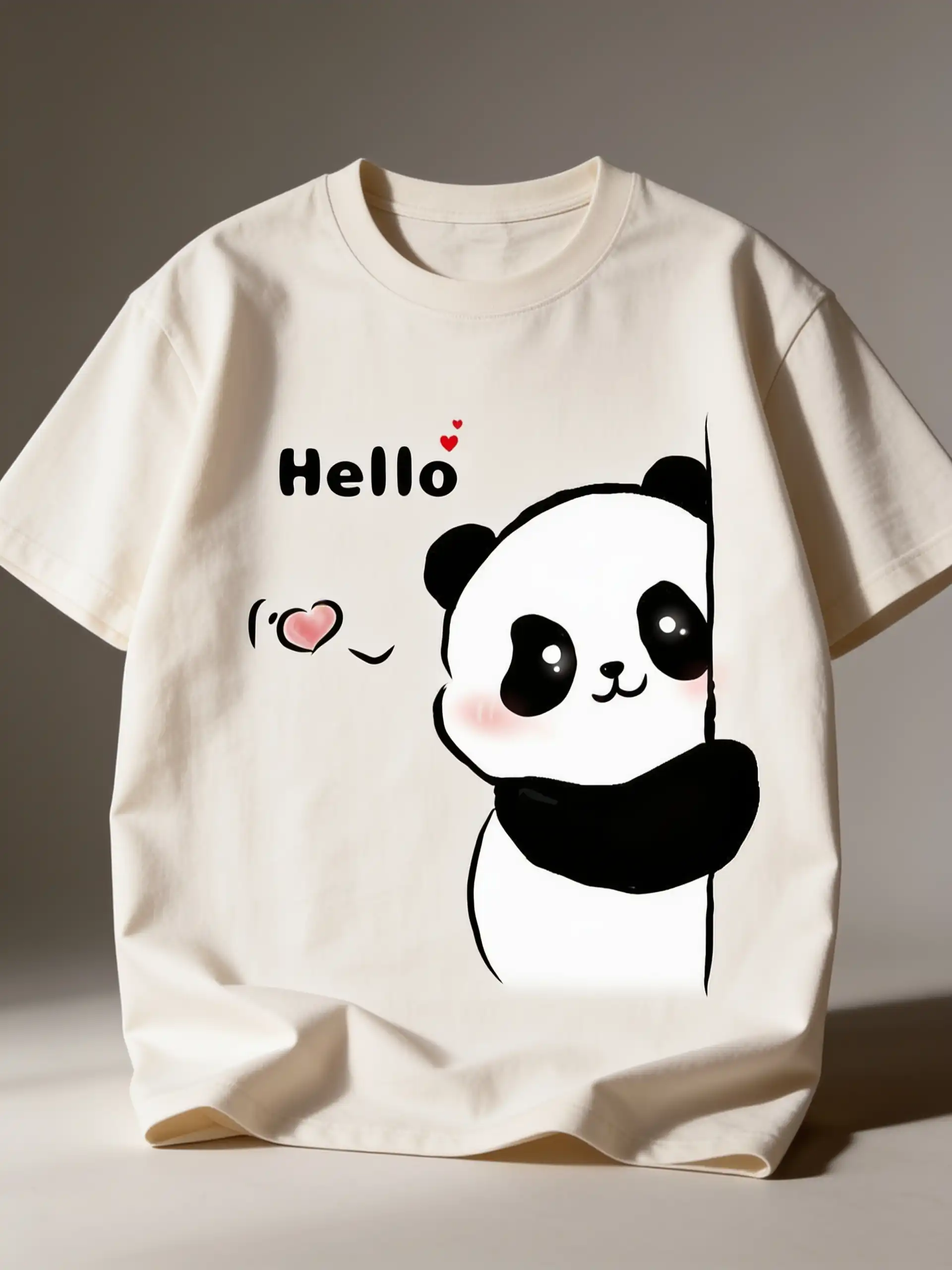 a cream/off-white T-shirt mockup with a cute panda graphic, photographed as a clean studio product shot.