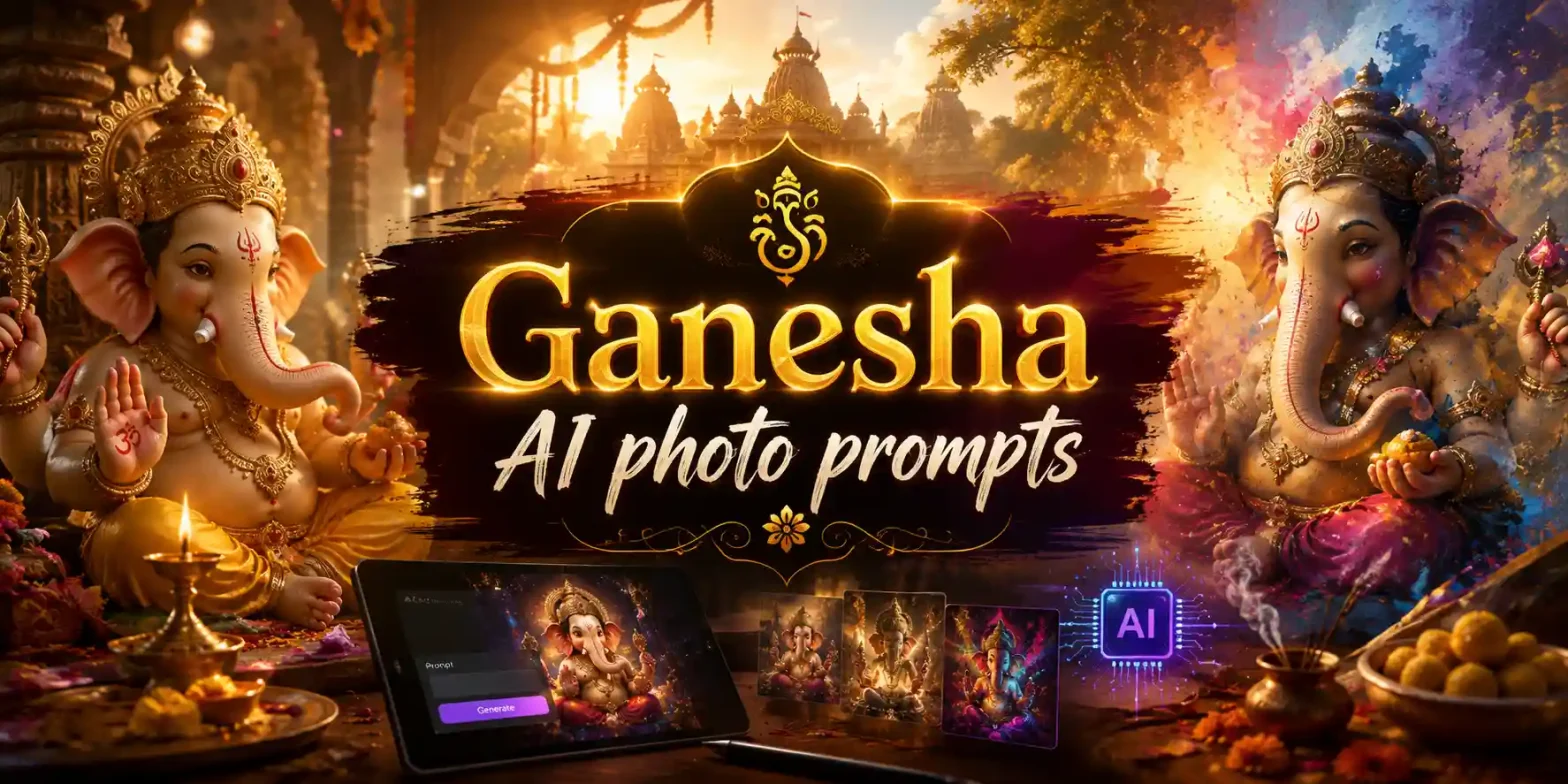 Creative Ganesha AI photo prompts banner featuring Lord Ganesha, glowing temple decor, diyas, flowers, and AI-generated Ganesha artwork.