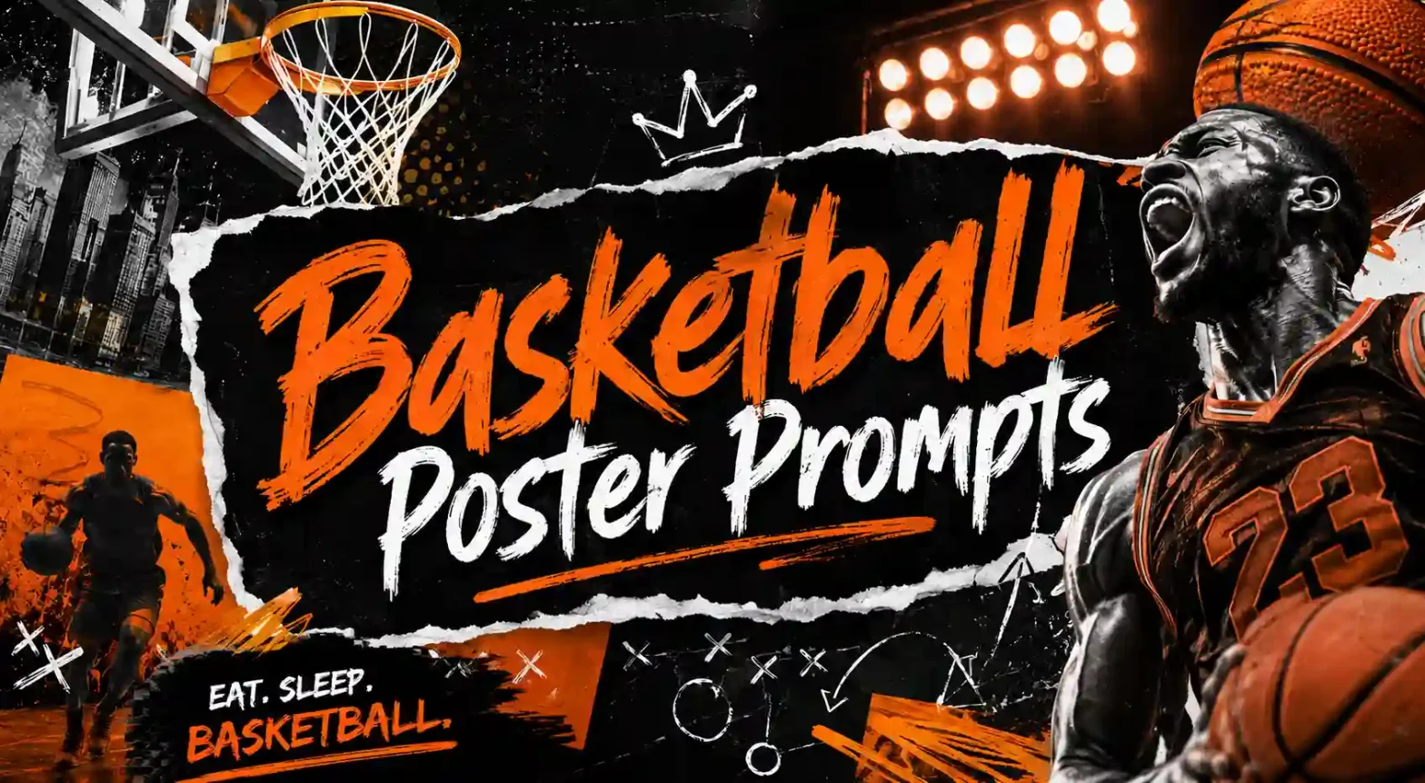 Basketball player performing a powerful slam dunk in a packed arena with dramatic lighting, dynamic sports graphics, and the title “Basketball Poster Prompts.
