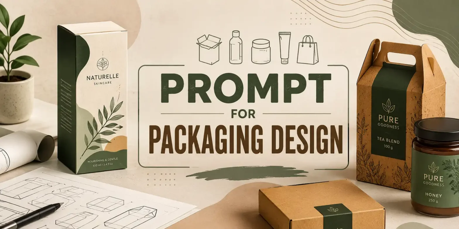 Premium packaging design banner with product mockups and branding elements.