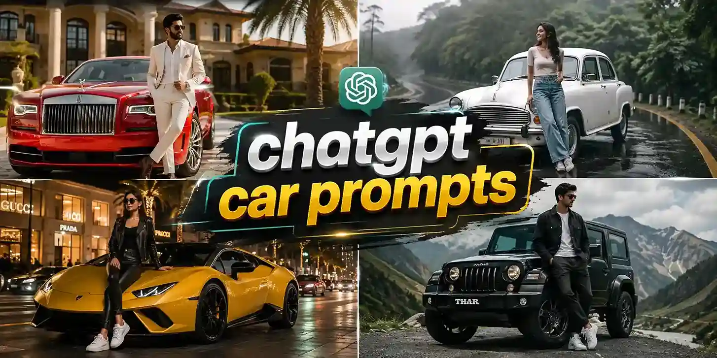 Four stylish car-themed portraits featuring two men and two women with luxury vehicles, surrounding a bold central title that reads “ChatGPT Car Prompts.”