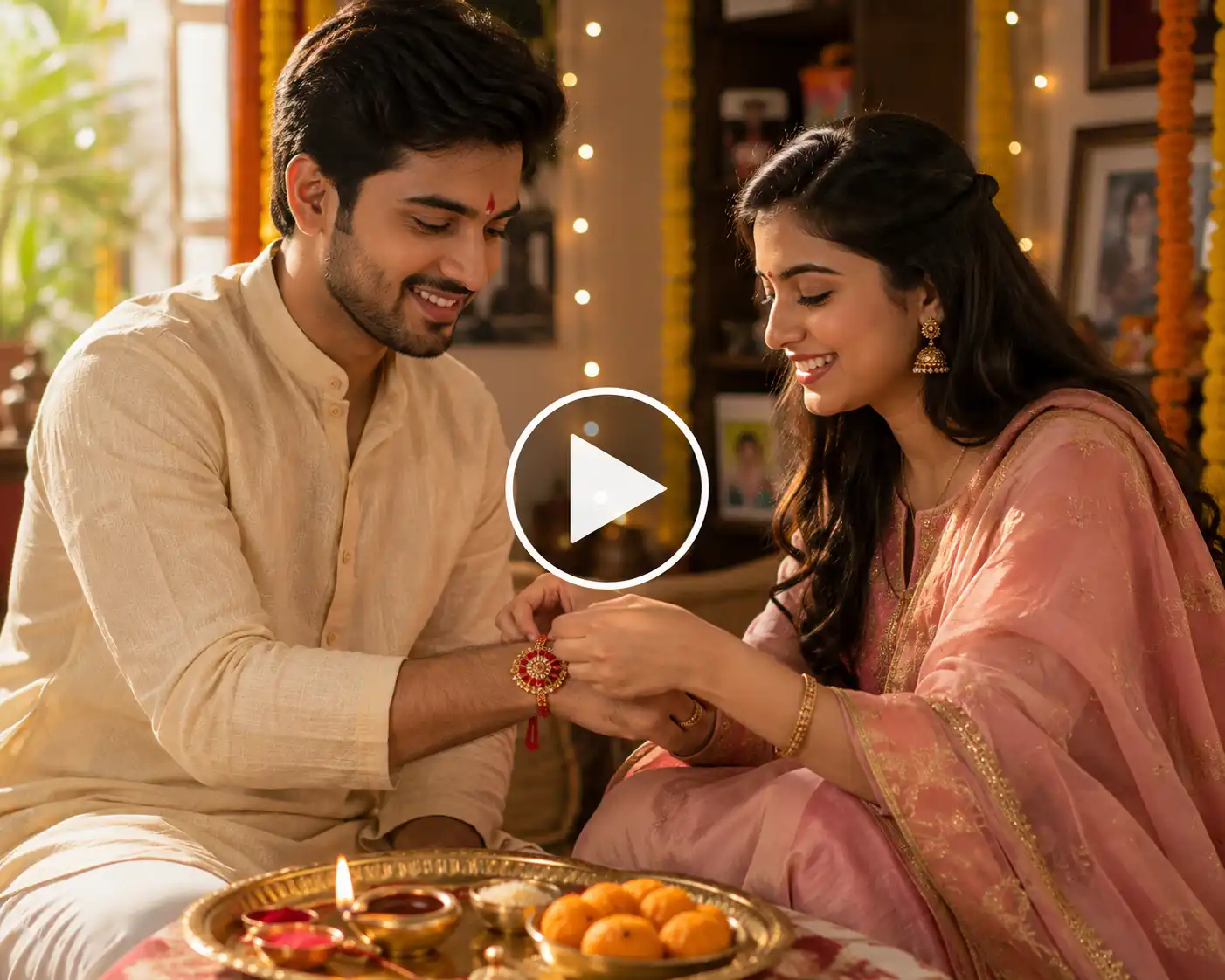 Sister tying a red-and-gold rakhi on her brother’s wrist during a warm traditional Raksha Bandhan celebration.
