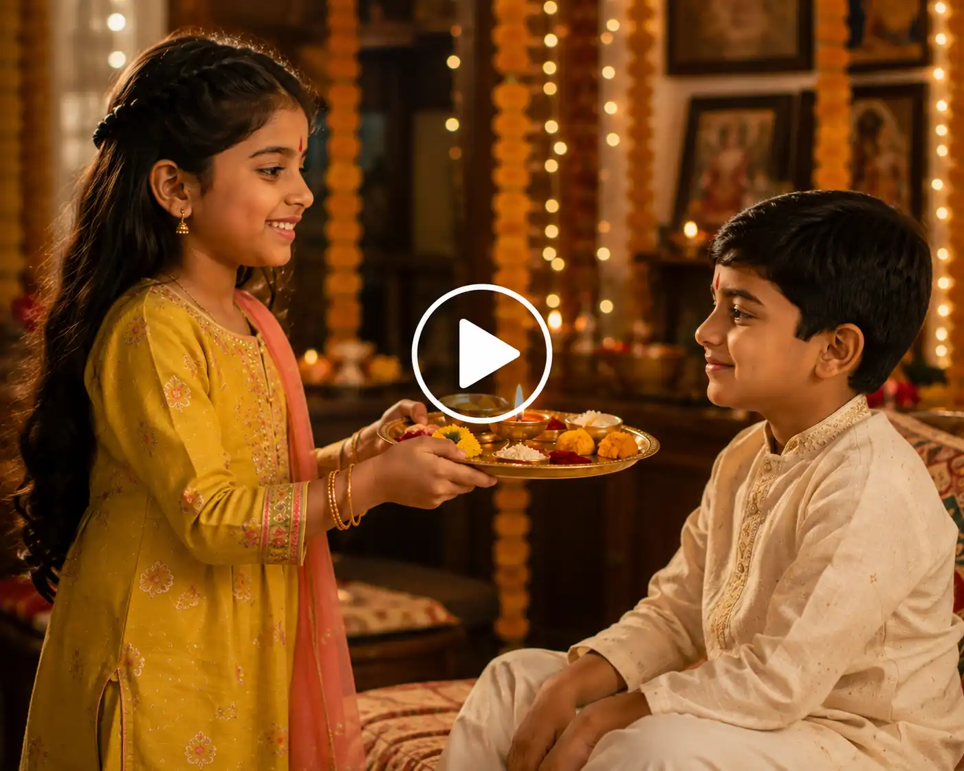 Sister performing aarti for her brother with a decorated thali, glowing diya, rakhi, flowers, and sweets.