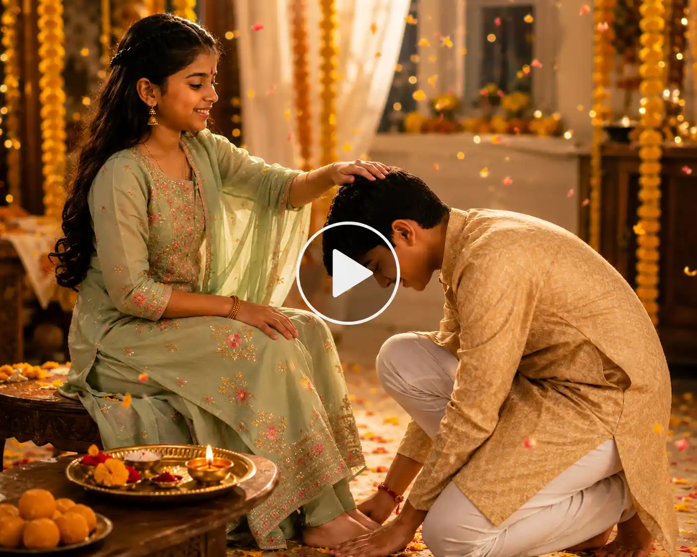 Brother touching his sister’s feet for blessings after the Rakhi ceremony as marigold petals gently fall.