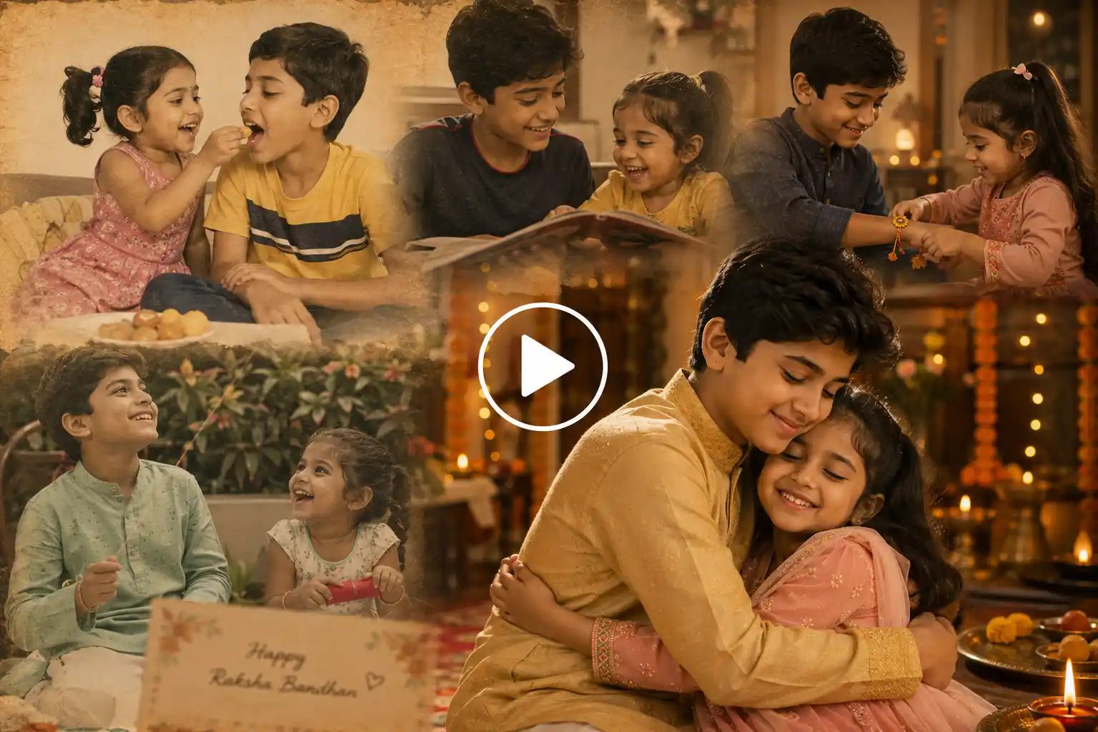 Nostalgic childhood memories transitioning into a present-day warm Raksha Bandhan hug between siblings.