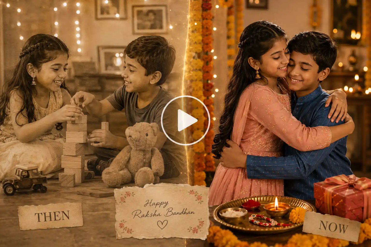 Split-screen “then vs. now” showing childhood-inspired sibling memories alongside their present-day Raksha Bandhan reunion.