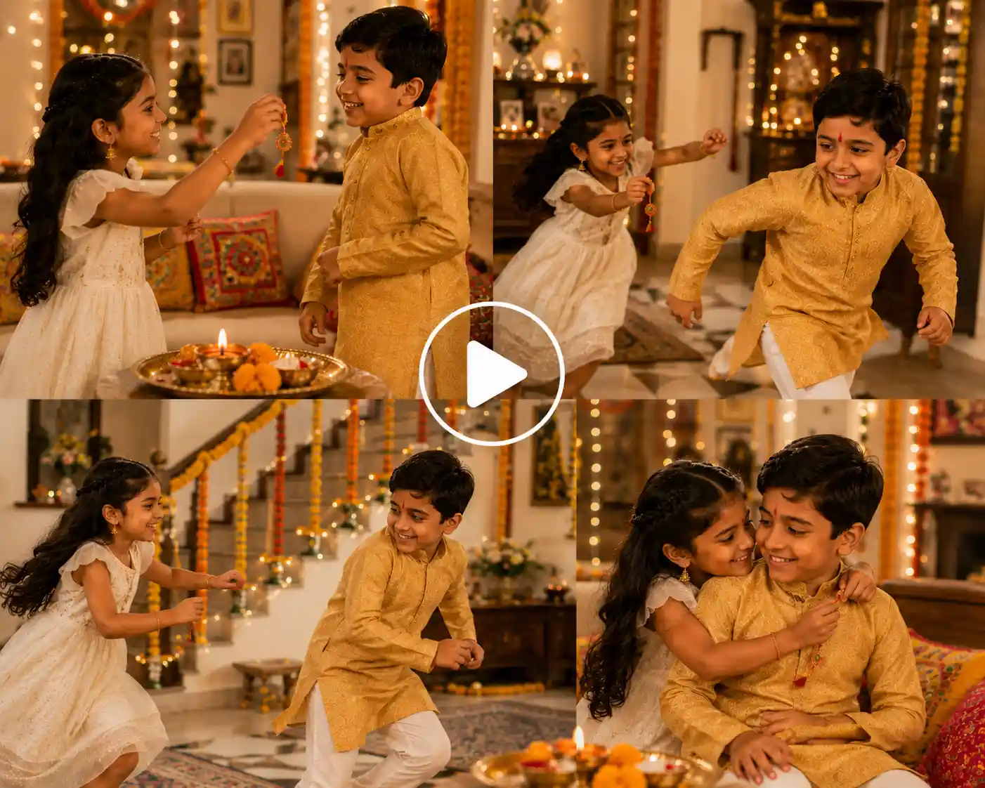 Sister playfully chasing her brother around a festive home as he jokingly tries to escape getting his rakhi tied.