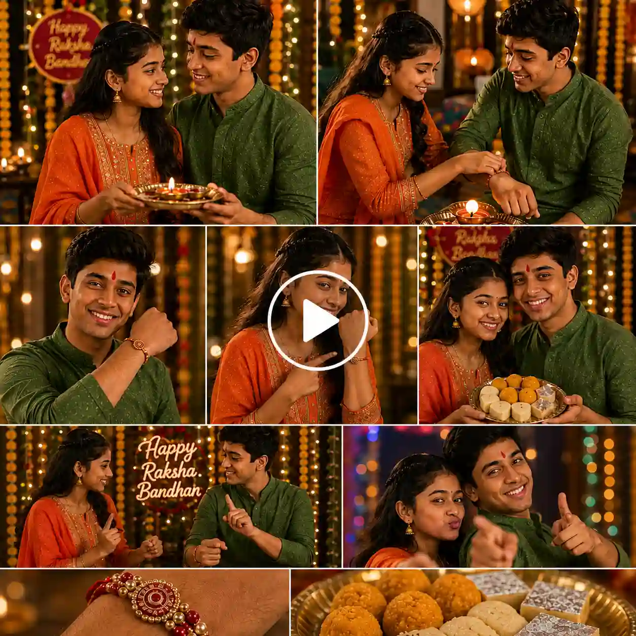 Cheerful siblings dancing, smiling, and showing their freshly tied rakhi and colorful Indian sweets to the camera.