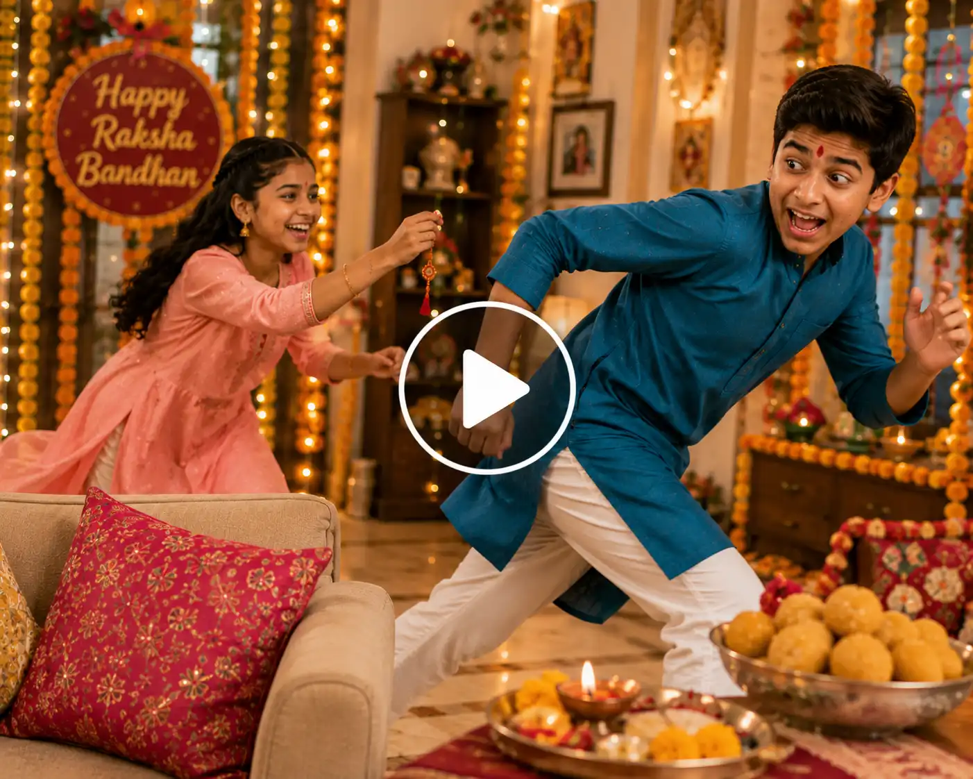 Brother dramatically and playfully dodges his sister and her rakhi before they end the moment laughing together.