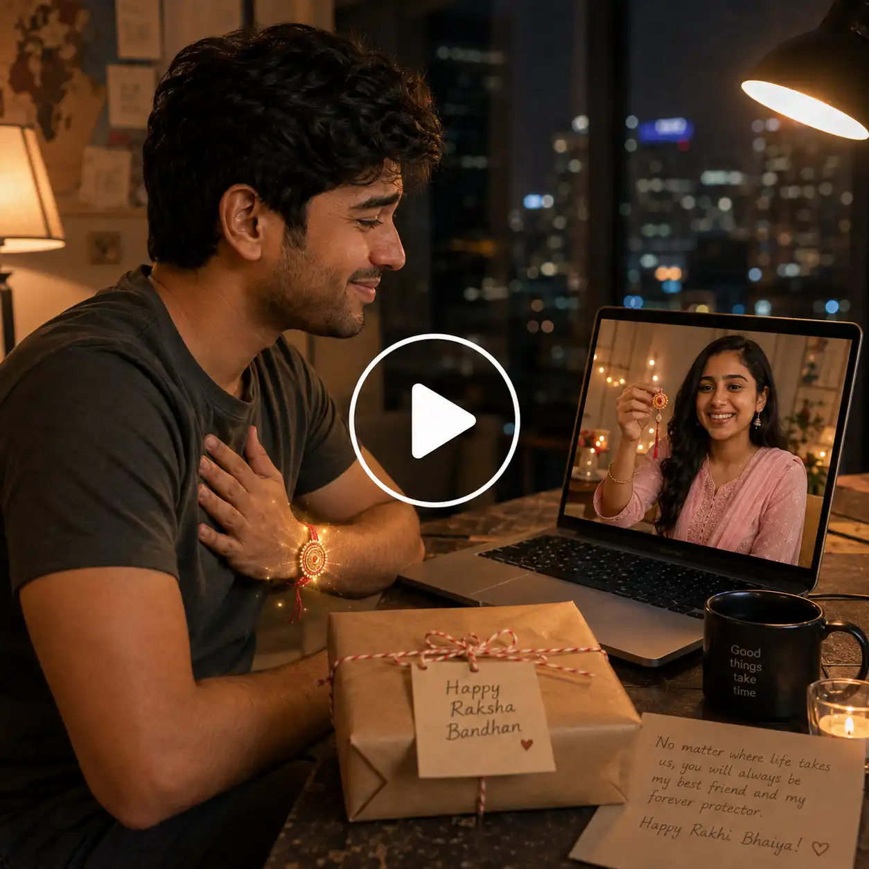 Long-distance siblings sharing an emotional Raksha Bandhan video call, with a Rakhi parcel and handwritten note nearby.