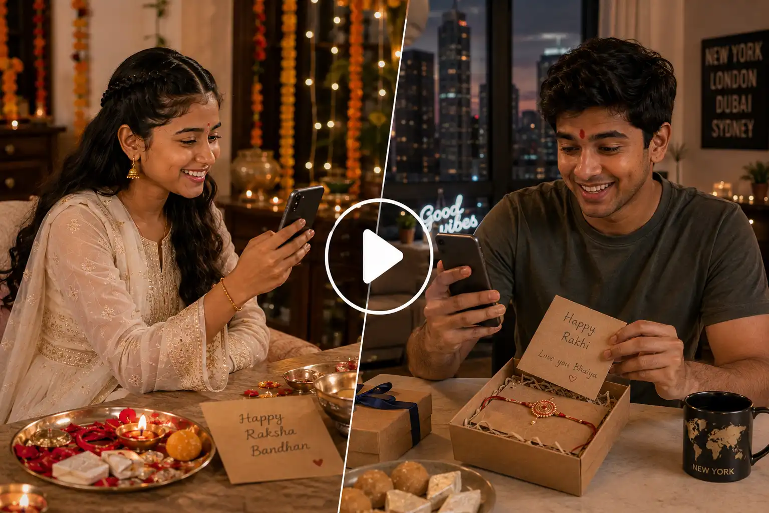 Split-screen of siblings in two different countries preparing and opening Rakhi gifts before connecting through a video call.