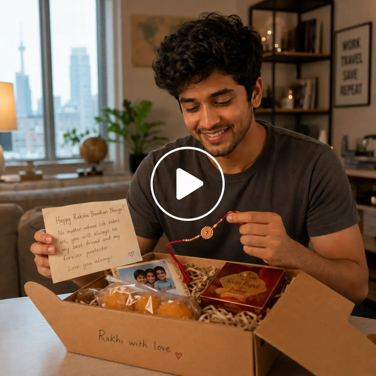 Sibling living abroad opening a Raksha Bandhan parcel containing a colorful rakhi, handwritten letter, family photo, and Indian sweets.
