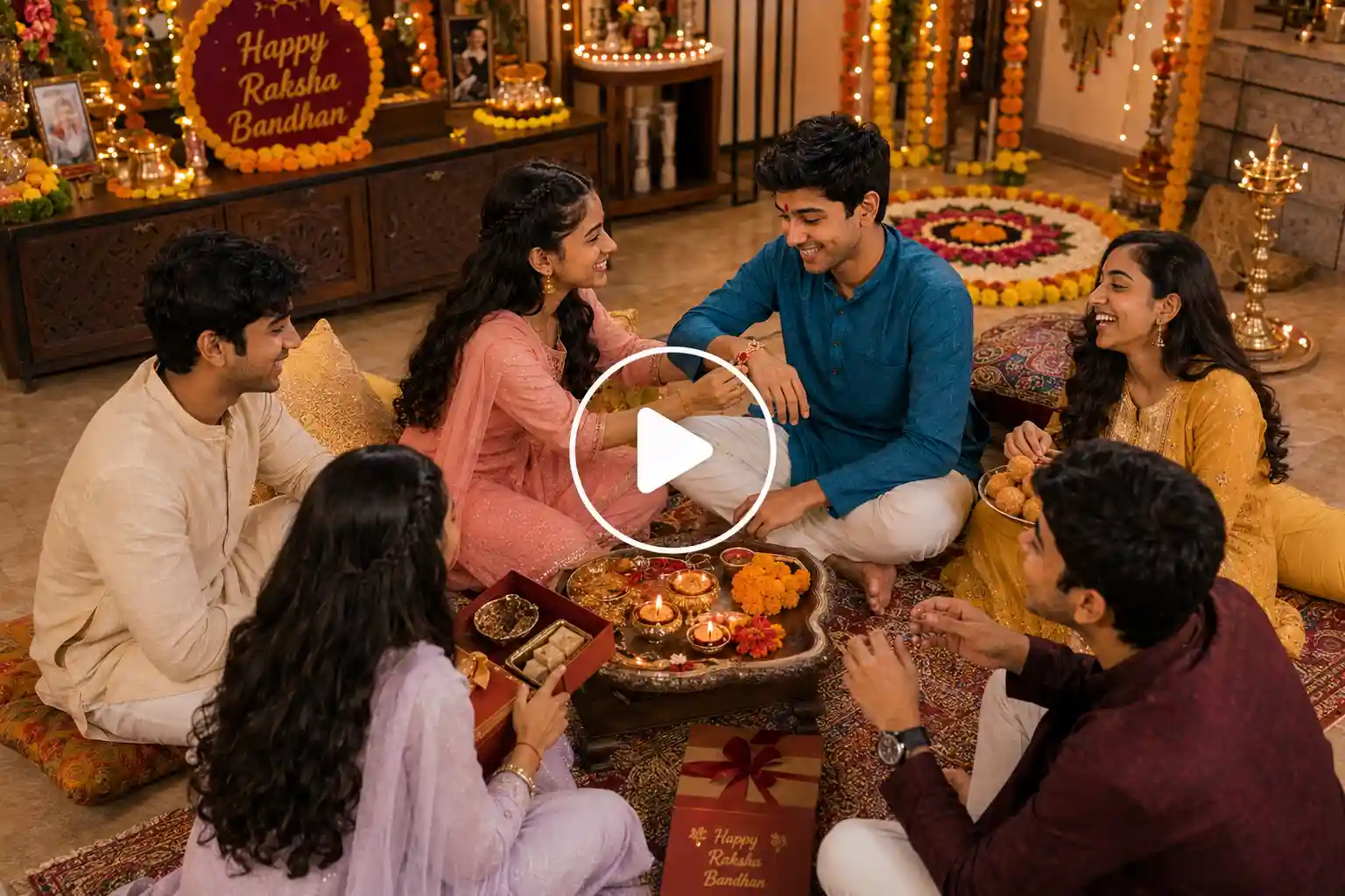 Joyful family Raksha Bandhan gathering with siblings tying rakhi while relatives celebrate, laugh, and share sweets around them.
