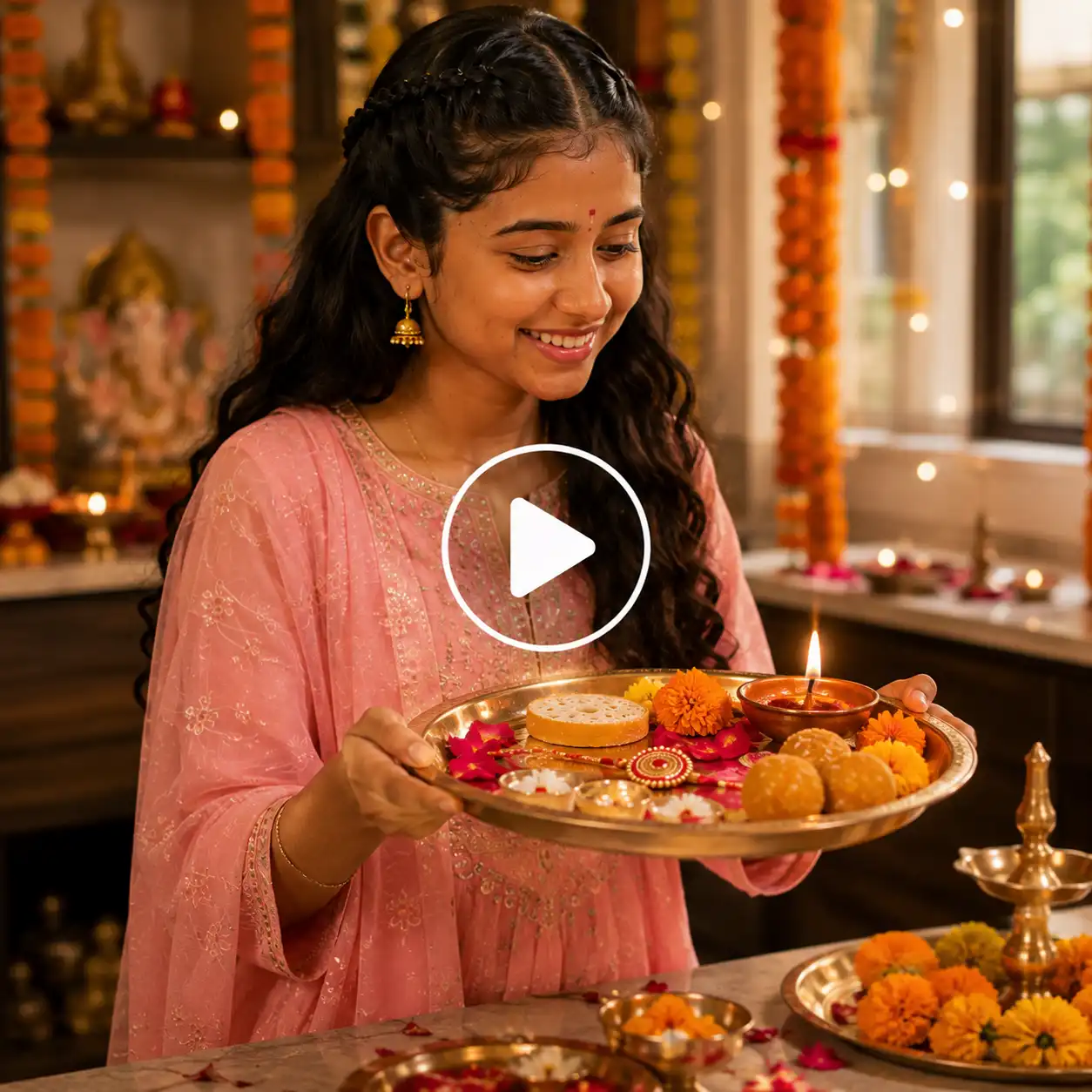 Close-up Raksha Bandhan preparation showing a festive thali being arranged with rakhi, kumkum, rice, flowers, diya, and sweets.