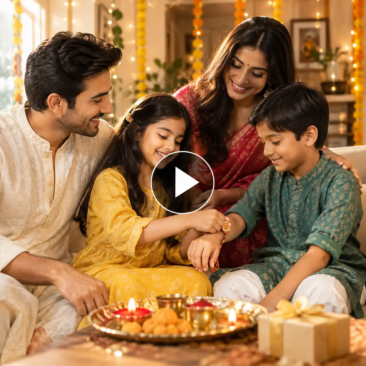 Cinematic Raksha Bandhan celebration progressing from morning preparations and rakhi tying to sweets, family fun, and an evening portrait.